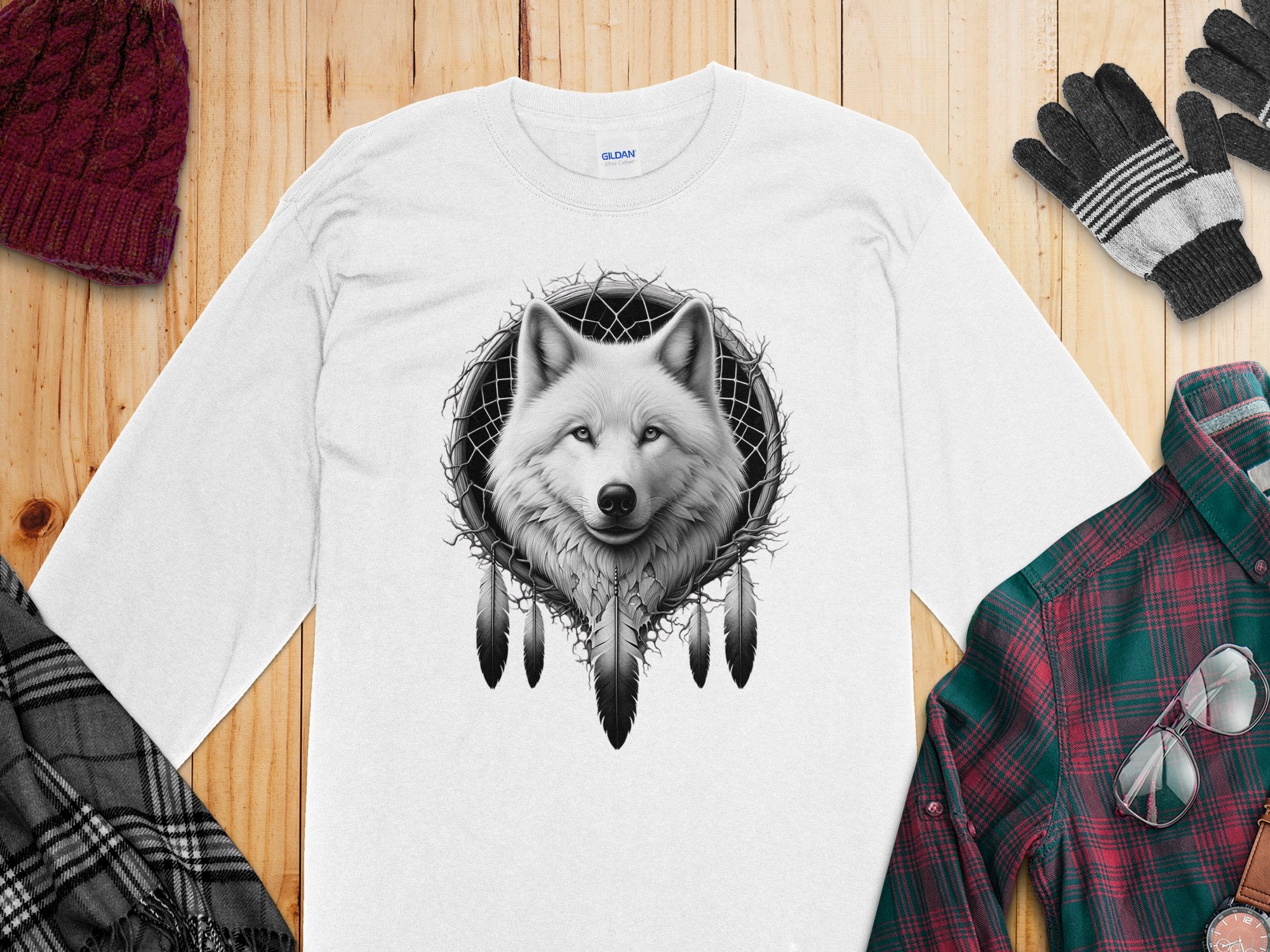 Dreamcatcher Wolf - Coloured Gildan Long Sleeve Realistic Native American Talisman Unisex Mythology Tee Graphic Design