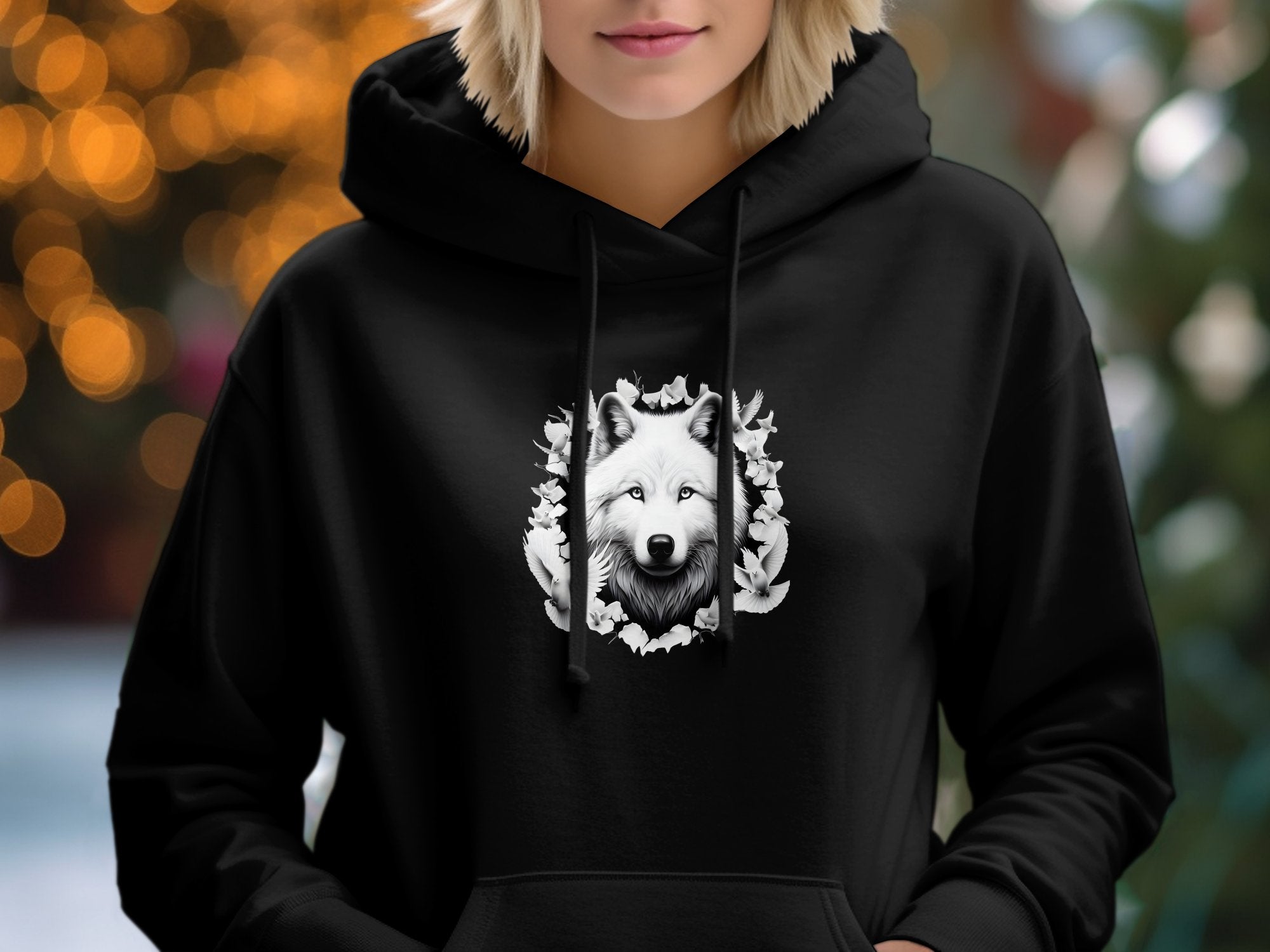 Wolf x Doves - Black White Gildan Hoodie Realistic Animal Talisman Unisex Tee Graphic Design