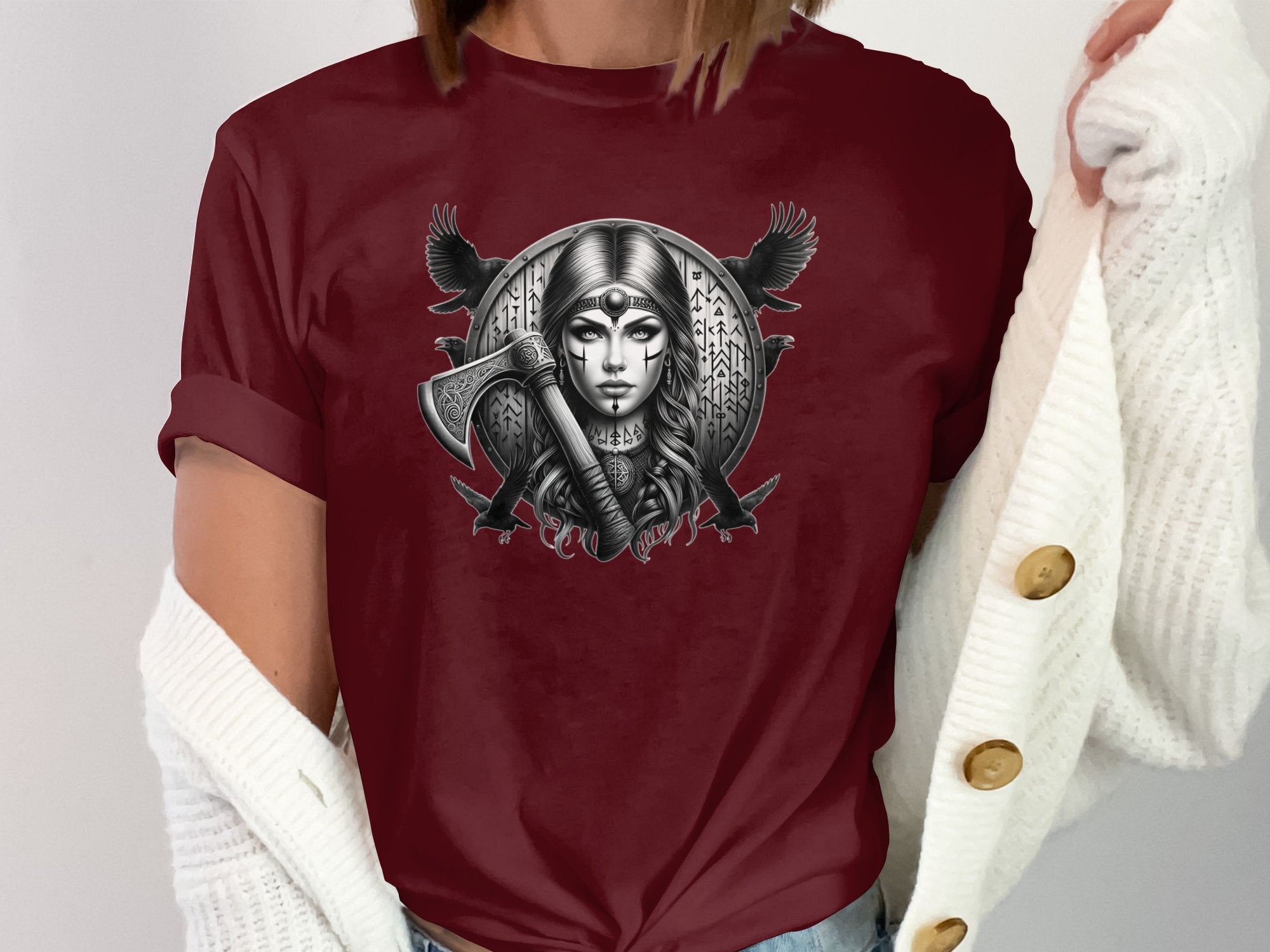 Viking Shield Maiden - Coloured Gildan T Shirt Realistic Norse Talisman Men Women Unisex Valhalla Tee Graphic Design