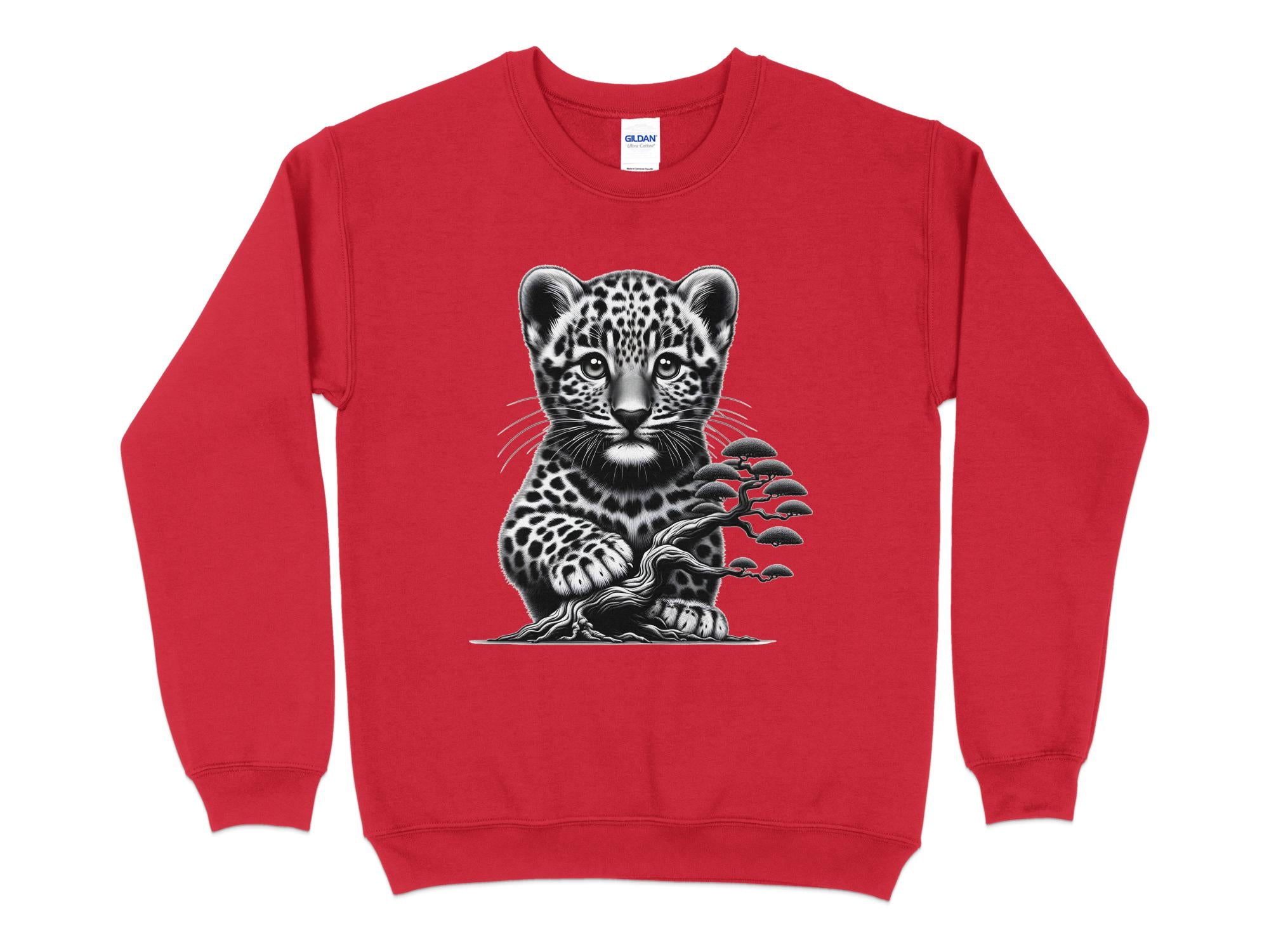 Leopard Bonsai - Coloured Gildan Sweatshirt Realistic Animal Talisman Unisex Cute Tee Graphic Design