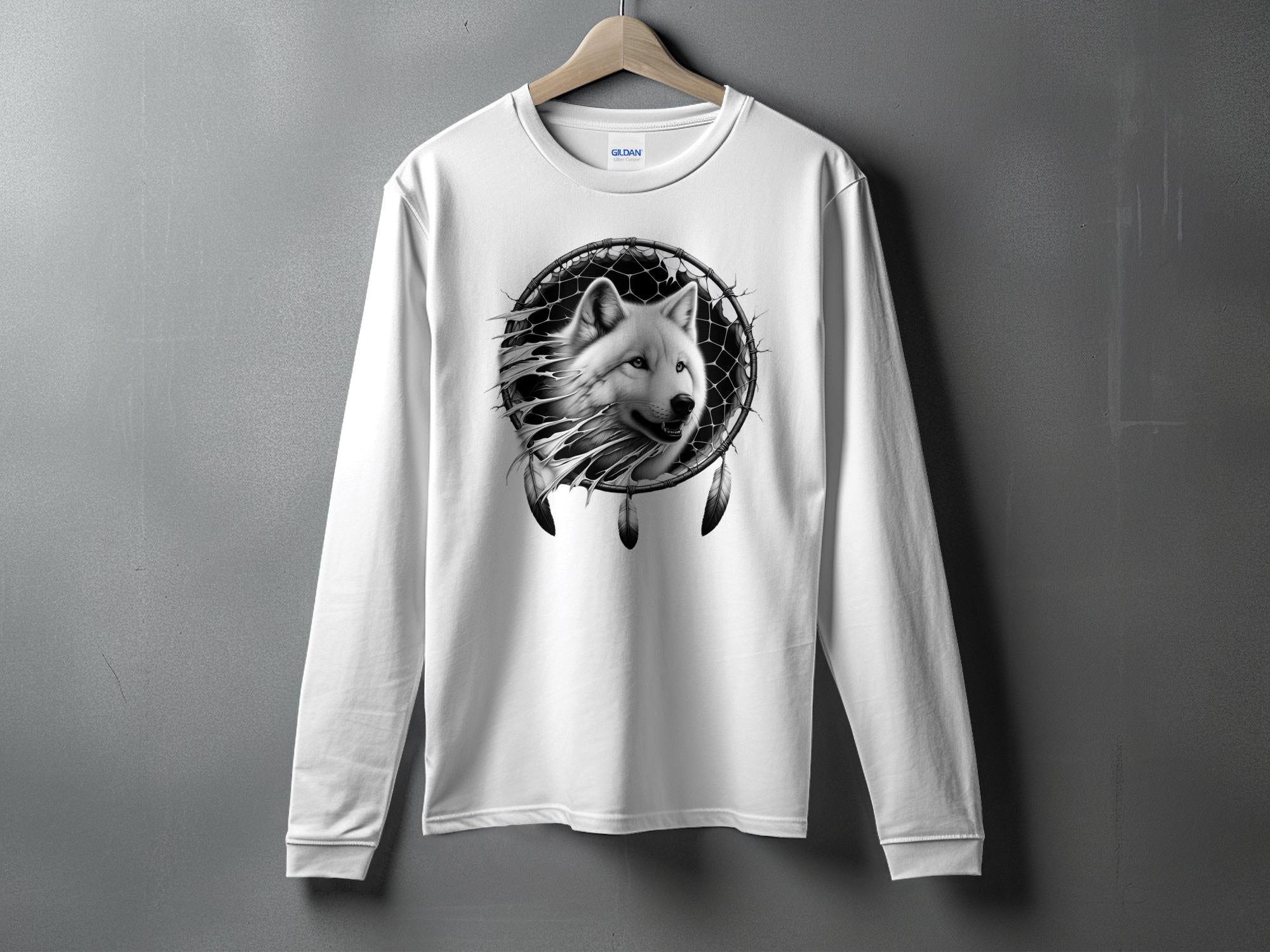 Dreamcatcher Wolf - Coloured Gildan Long Sleeve Realistic Native American Talisman Unisex Mythology Tee Graphic Design