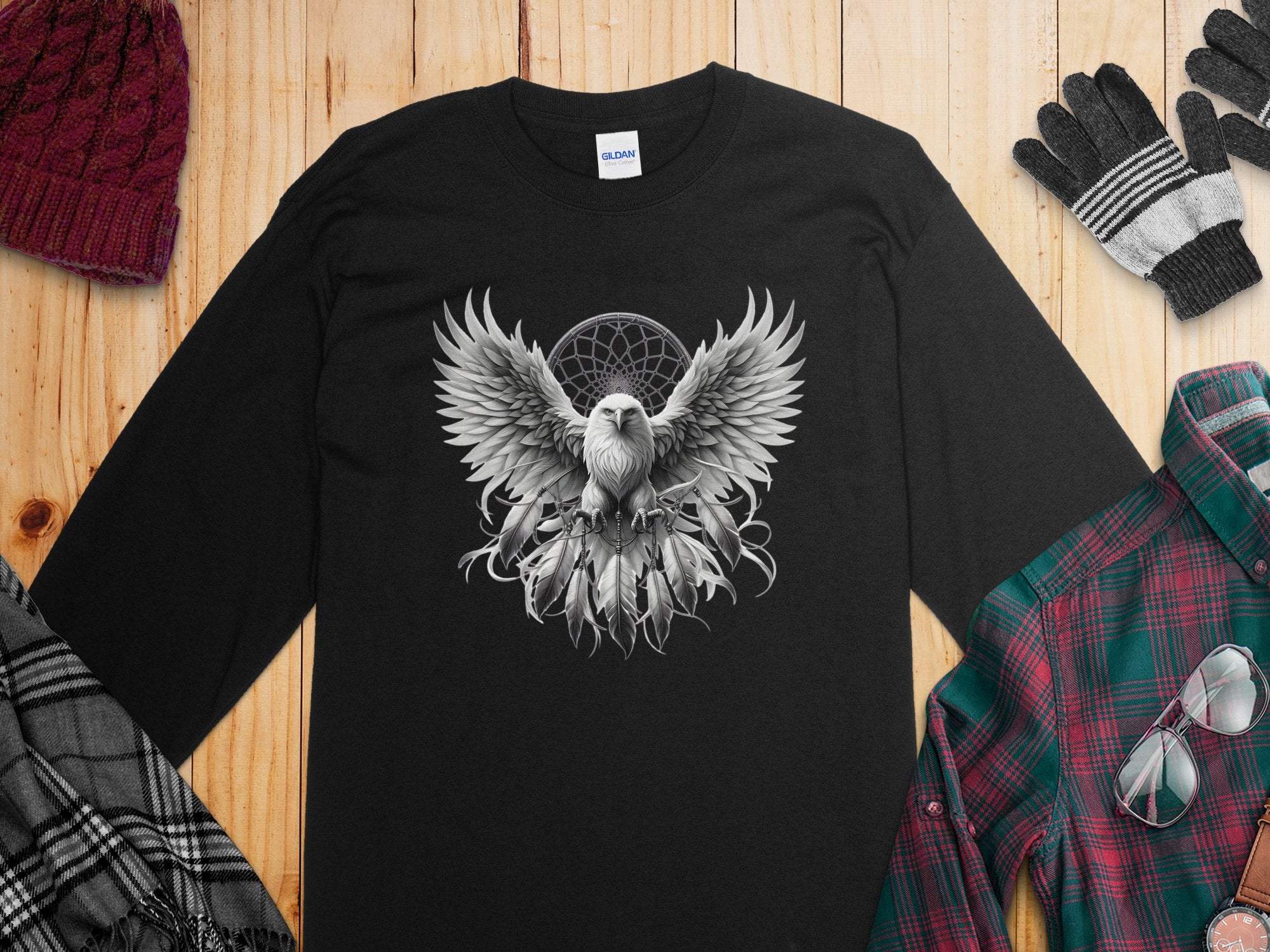 Dreamcatcher Eagle - Coloured Gildan Long Sleeve Realistic Native American Talisman Unisex Mythology Tee Graphic Design