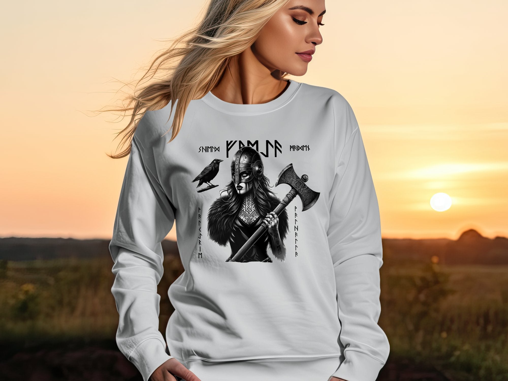 Viking Shield Maiden - Coloured Gildan Sweatshirt Realistic Norse Talisman Men Women Unisex Valhalla Tee Graphic Design