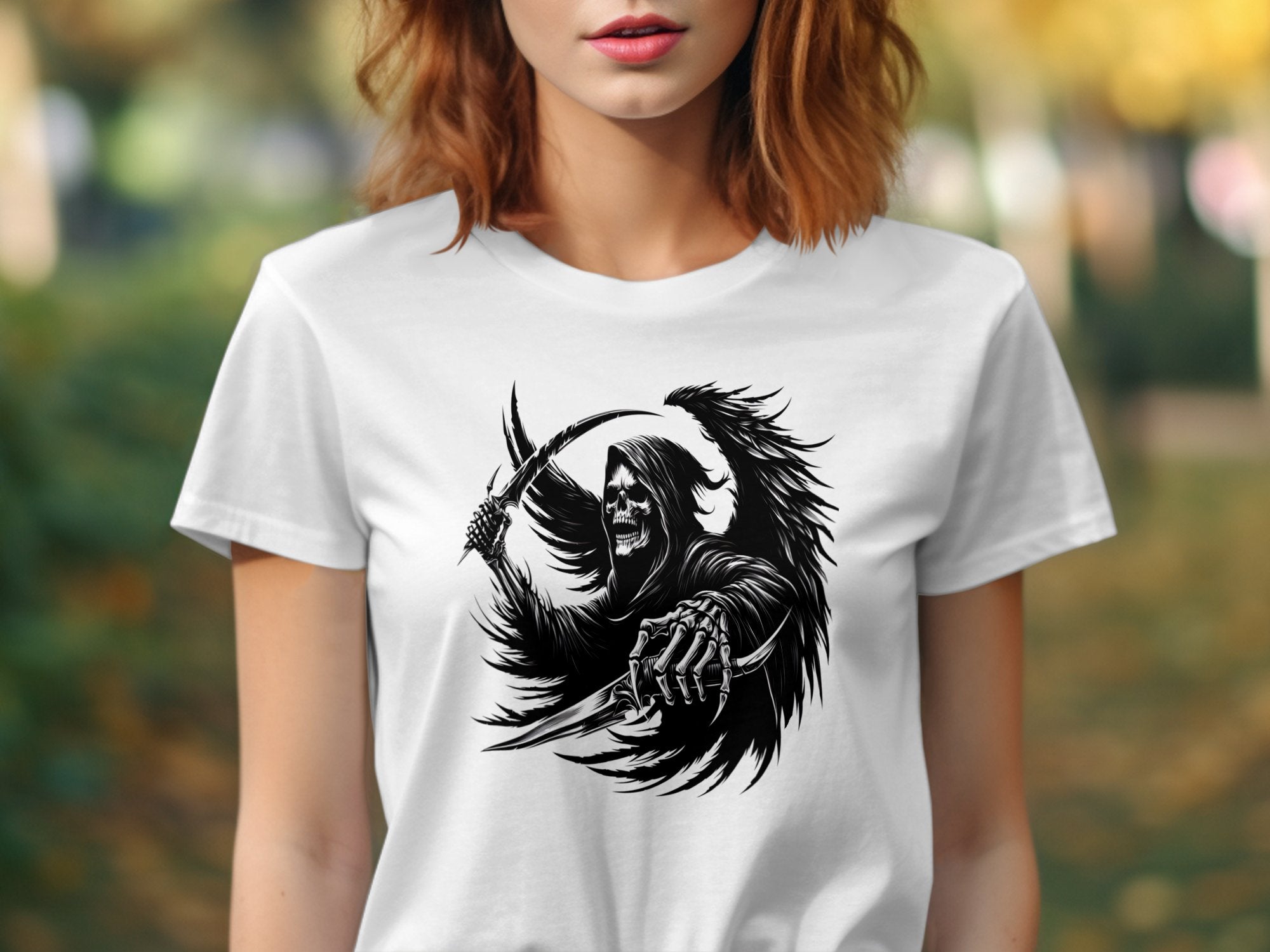 Grim Reaper - Black White Gildan T-Shirt Commemorative Talisman Unisex Tee Graphic Design