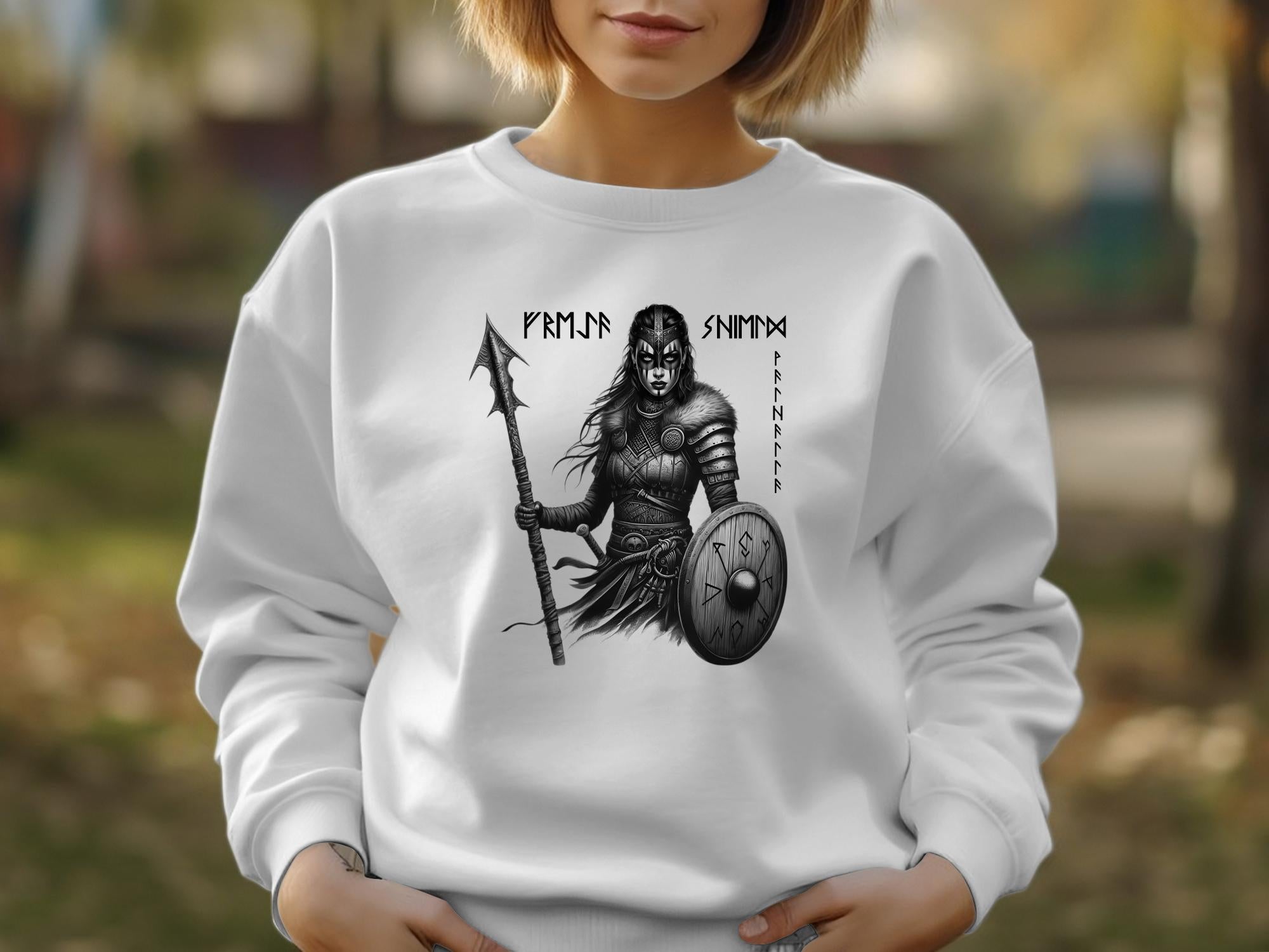 Viking Shield Maiden - Coloured Gildan Sweatshirt Realistic Norse Talisman Men Women Unisex Valhalla Tee Graphic Design