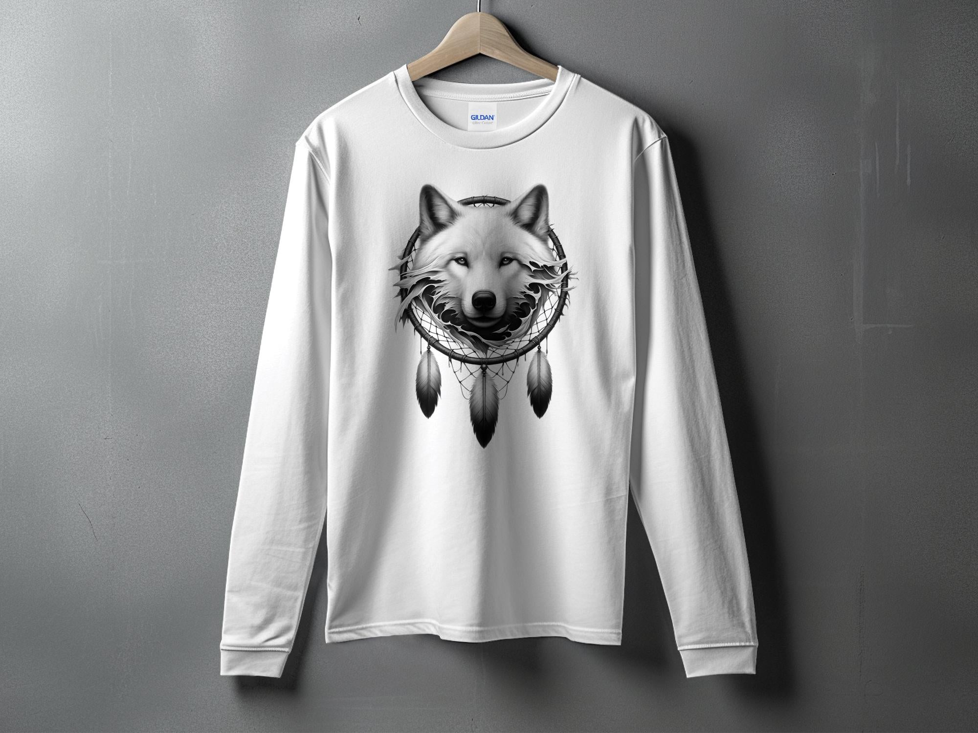 Dreamcatcher Wolf - Coloured Gildan Long Sleeve Realistic Native American Talisman Unisex Mythology Tee Graphic Design