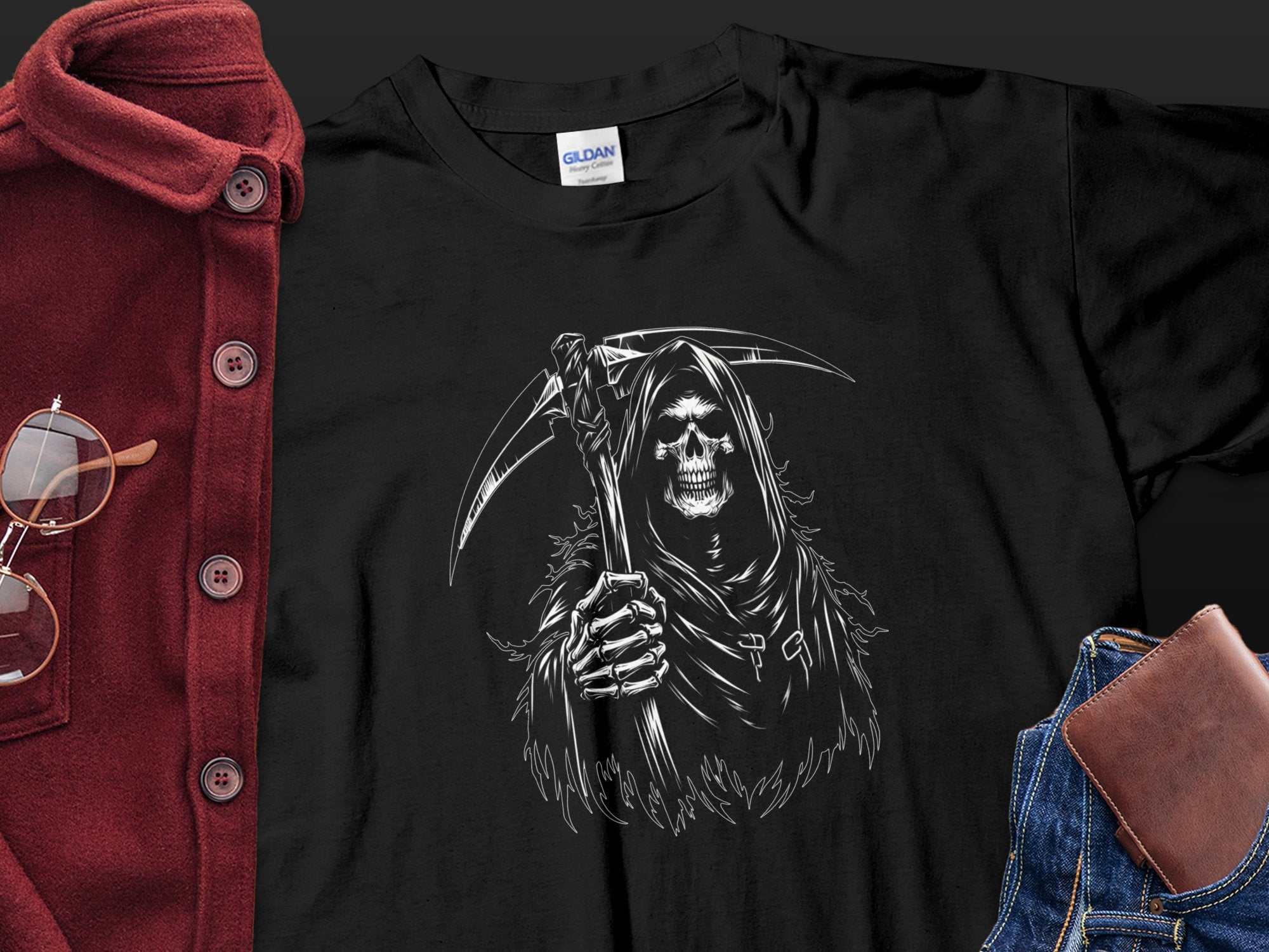 Grim Reaper - Black White Gildan T-Shirt Commemorative Talisman Unisex Tee Graphic Design