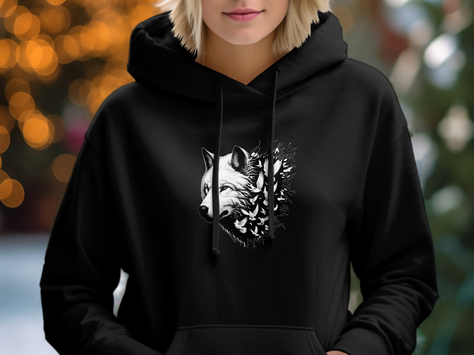 Wolf x Doves - Black White Gildan Hoodie Realistic Animal Talisman Unisex Tee Graphic Design