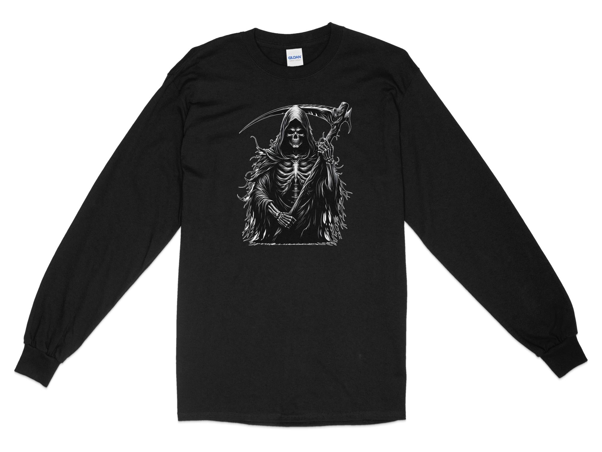 Grim Reaper - Black White Gildan Long Sleeve Commemorative Talisman Unisex Tee Graphic Design