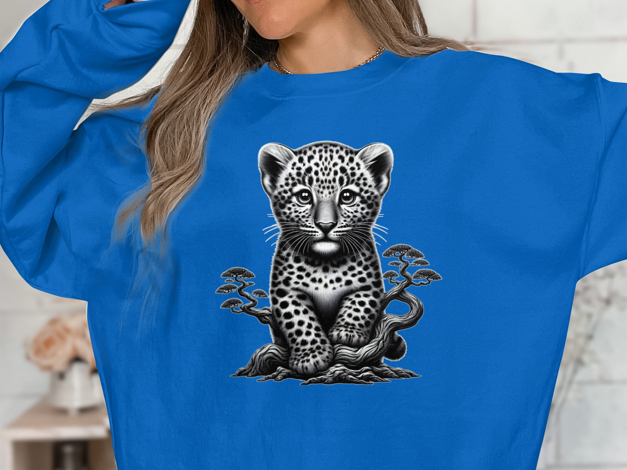 Leopard Bonsai - Coloured Gildan Sweatshirt Realistic Animal Talisman Unisex Cute Tee Graphic Design