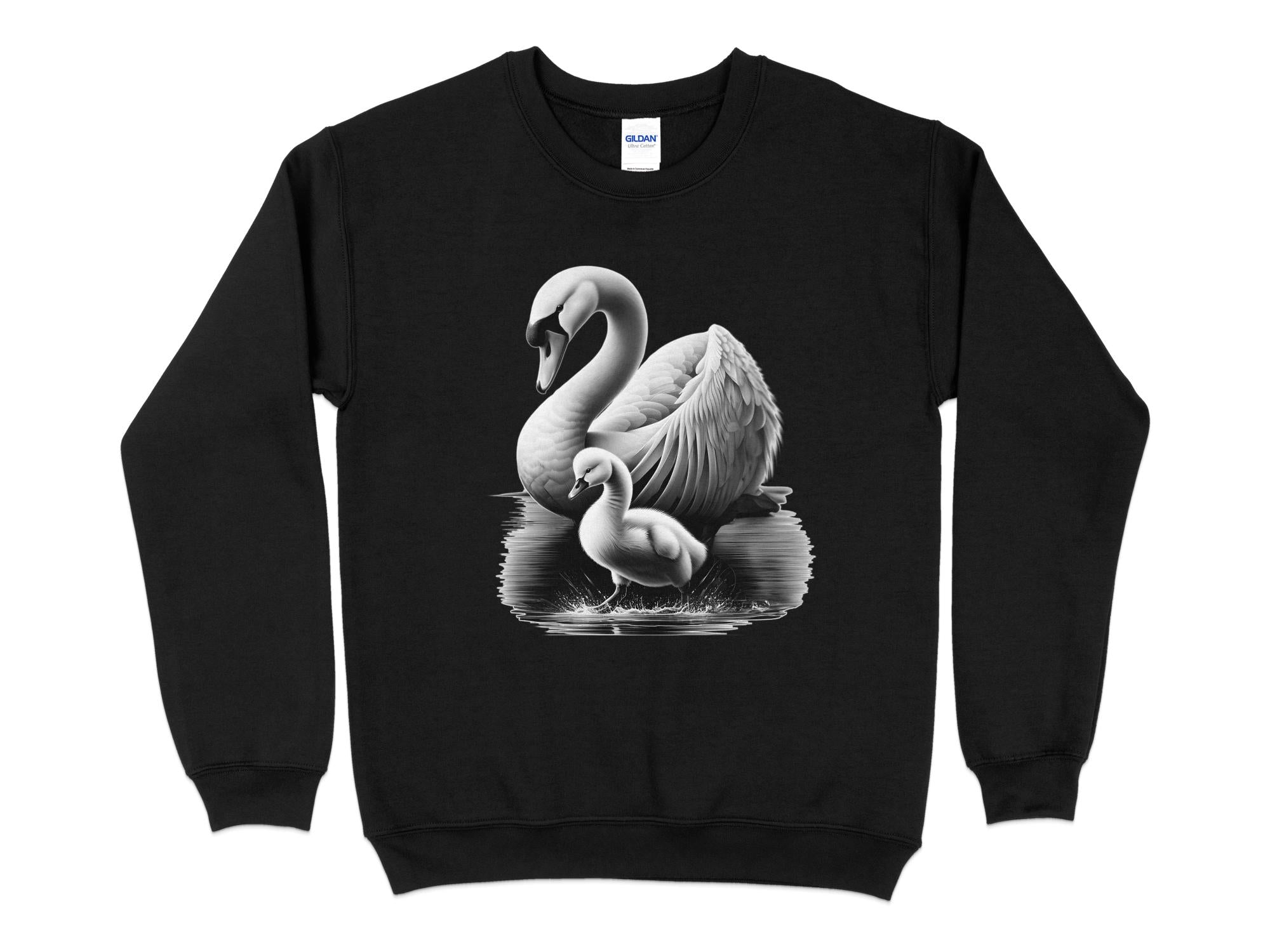 Swan & Cygnet- Black White Gildan Sweatshirt Realistic Family Talisman Unisex Tee Graphic Design