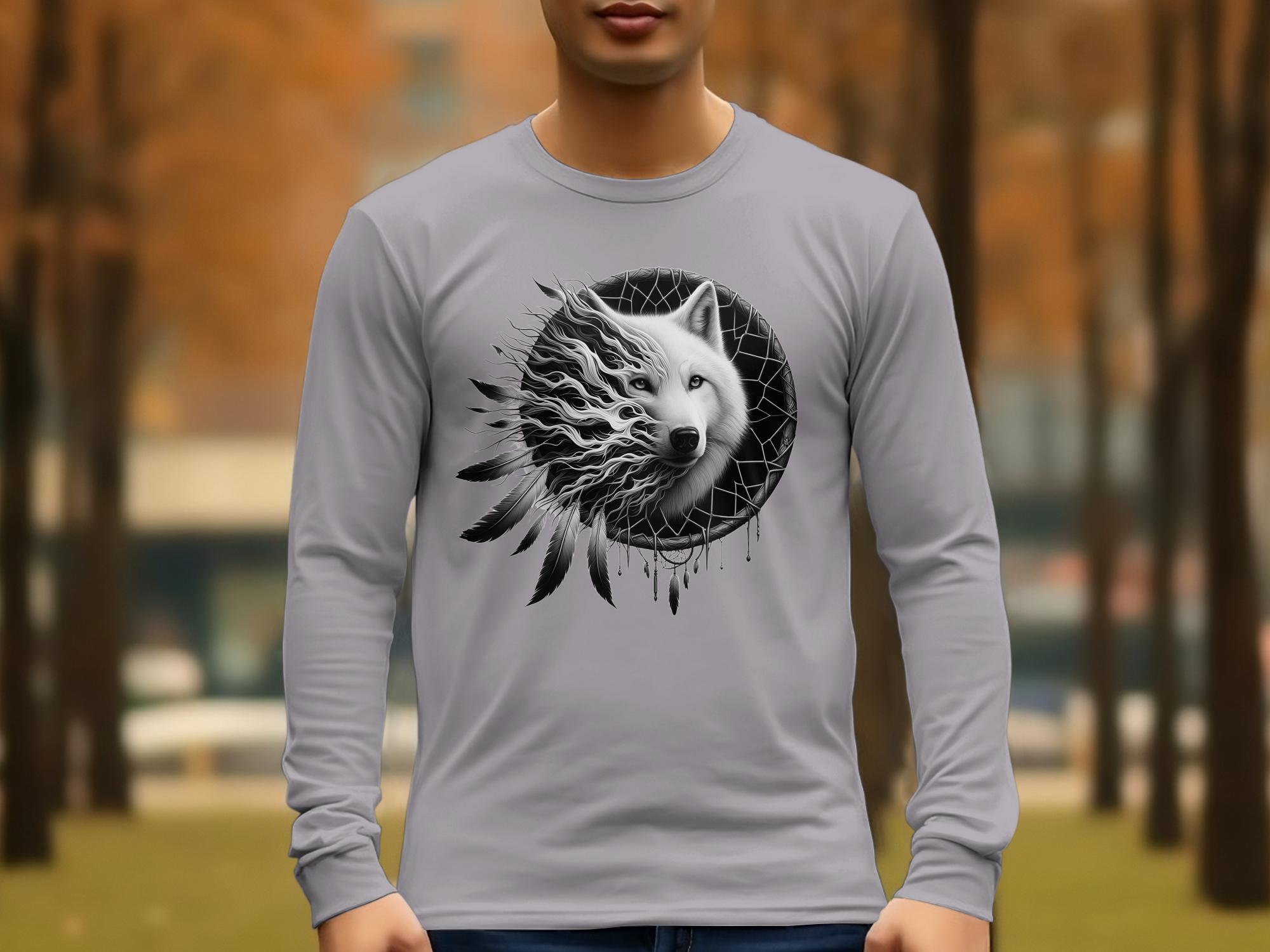 Dreamcatcher Wolf - Coloured Gildan Long Sleeve Realistic Native American Talisman Unisex Mythology Tee Graphic Design