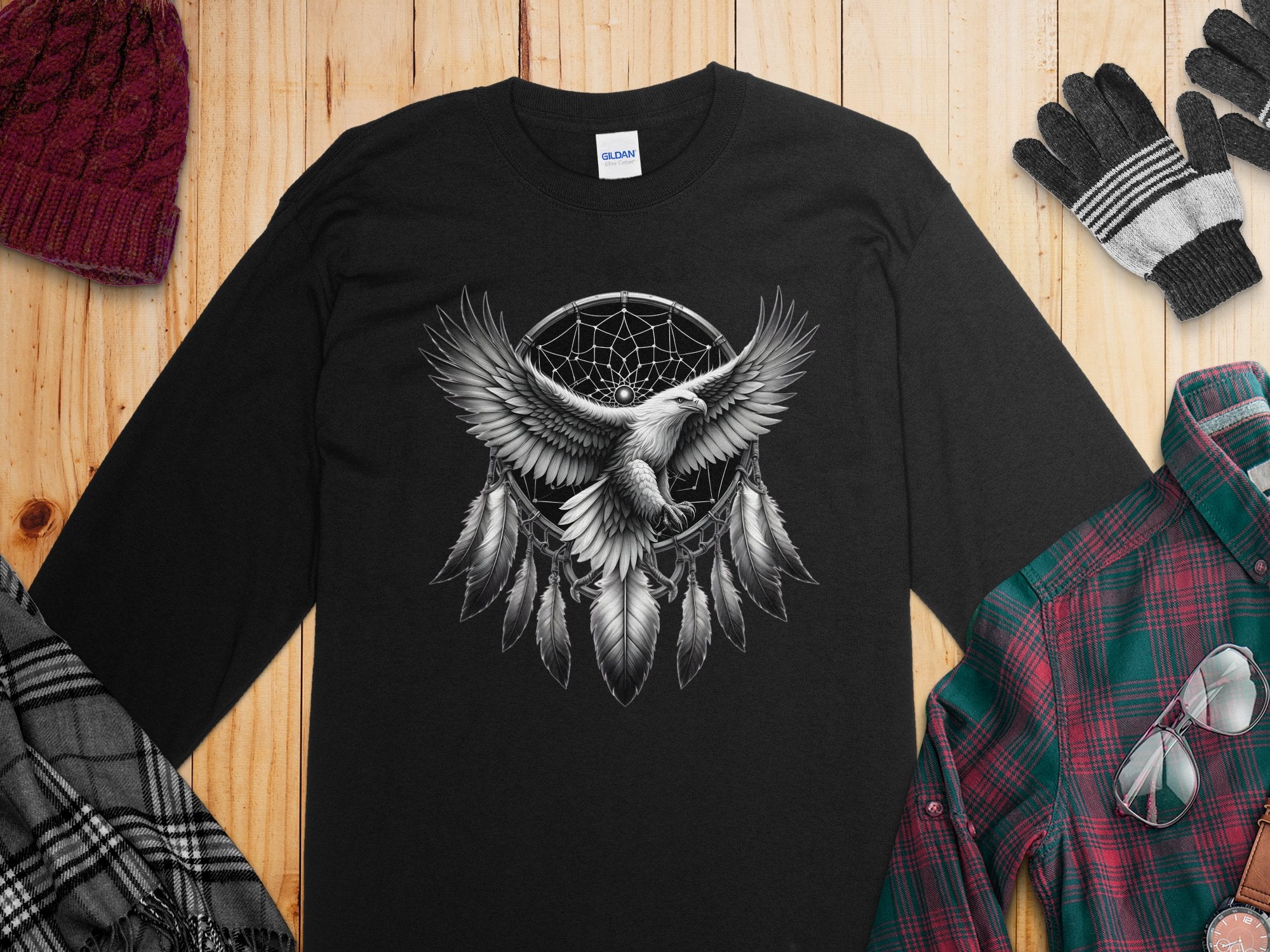 Dreamcatcher Eagle - Coloured Gildan Long Sleeve Realistic Native American Talisman Unisex Mythology Tee Graphic Design