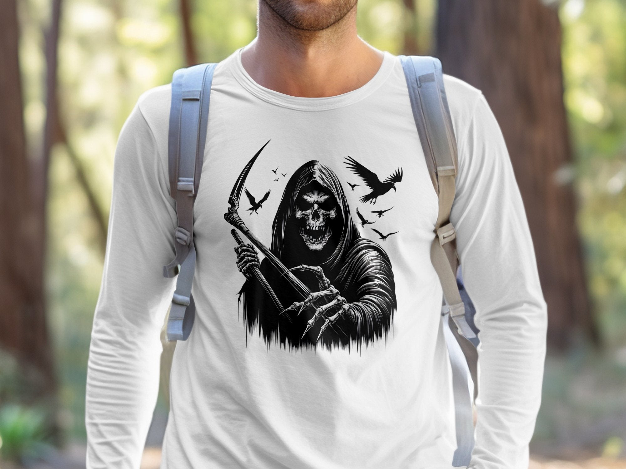 Grim Reaper - Black White Gildan Long Sleeve Commemorative Talisman Unisex Tee Graphic Design