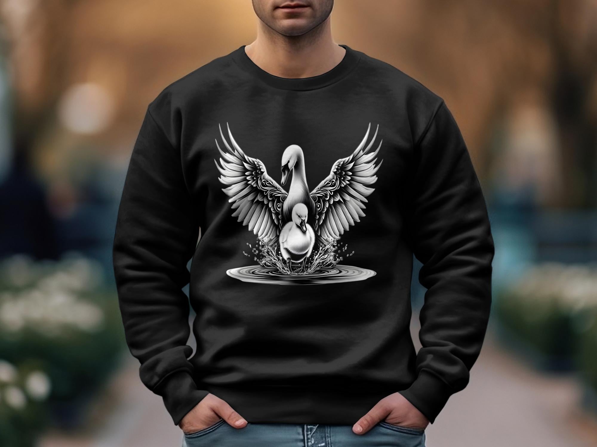 Swan & Cygnet- Black White Gildan Sweatshirt Realistic Family Talisman Unisex Tee Graphic Design