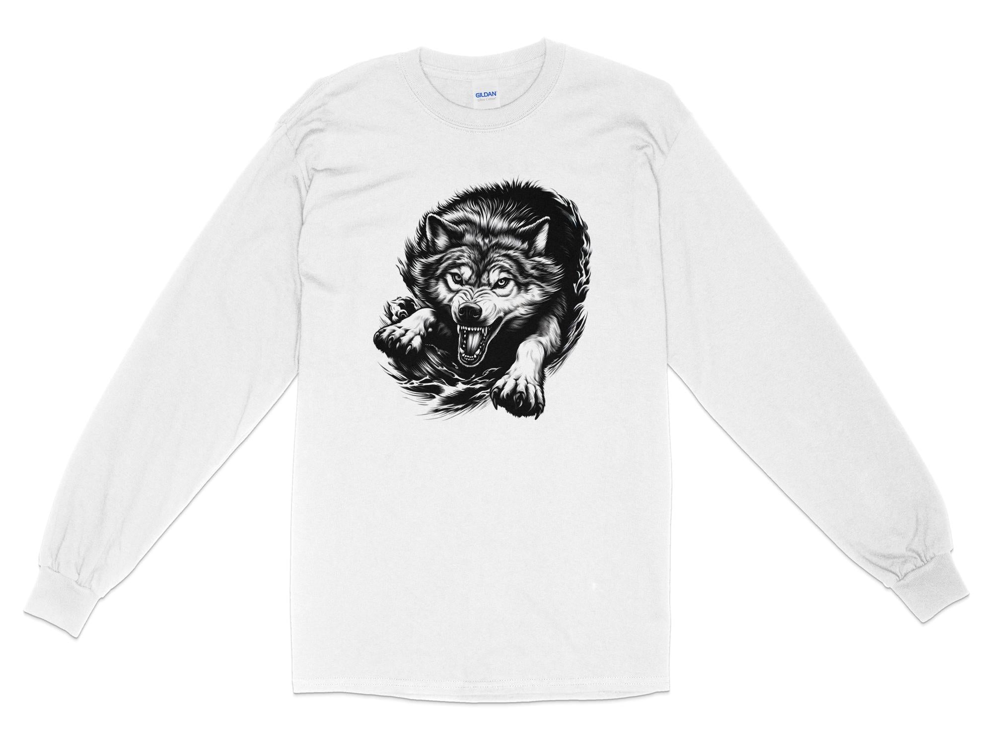 Wolf Tribal - Black White Gildan Long Sleeve Realistic Animal Talisman Unisex Tee Graphic Design