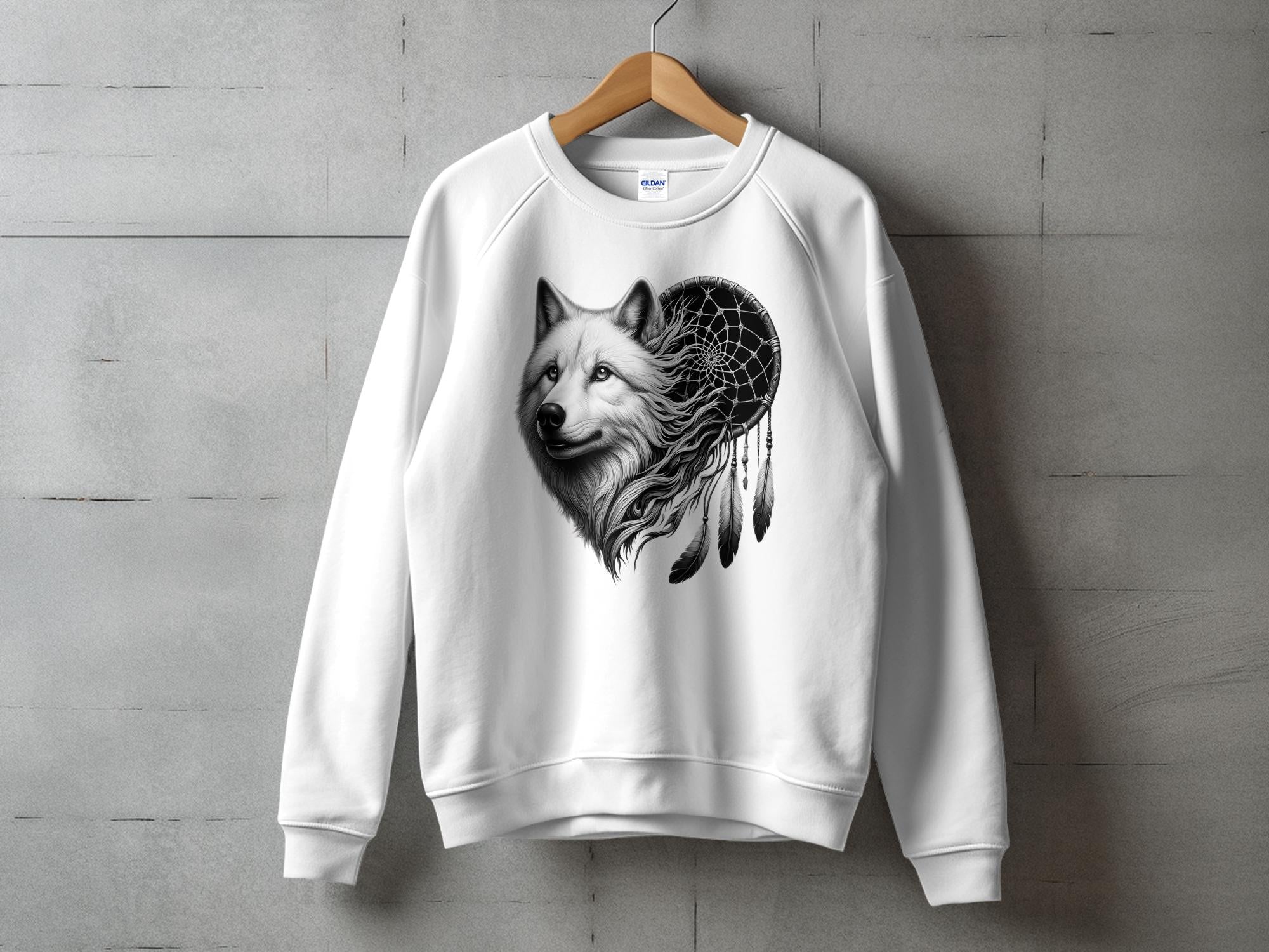 Dreamcatcher Wolf - Coloured Gildan Sweatshirt Realistic Native American Talisman Unisex Mythology Tee Graphic Design