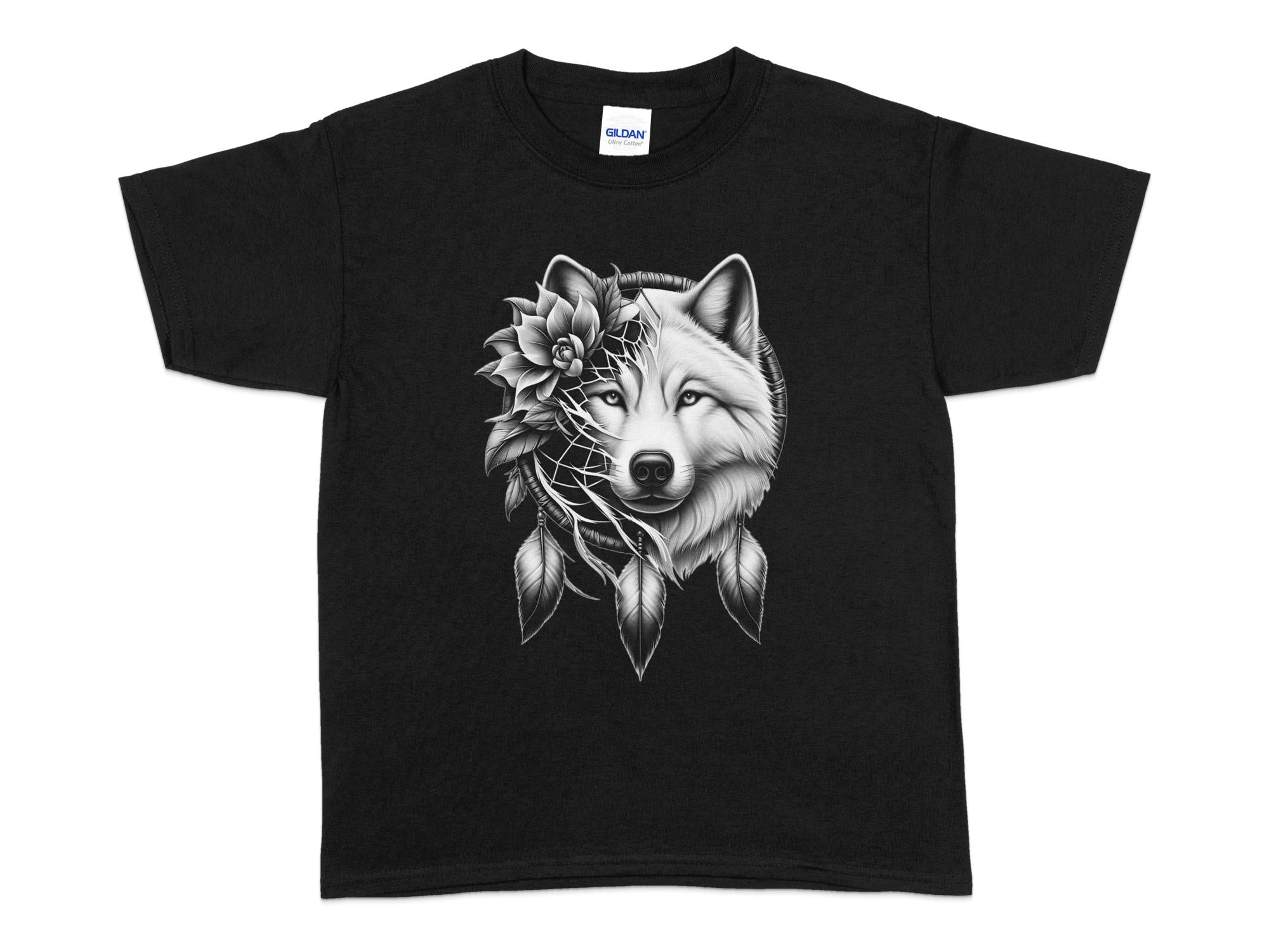 Dreamcatcher Wolf - Coloured Gildan Kids T-Shirt Realistic Native American Talisman Unisex Mythology Tee Graphic Design