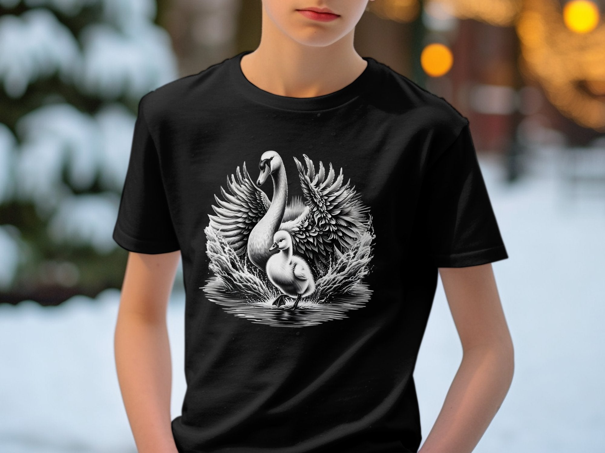 Swan & Cygnet- Black White Gildan Kids T-Shirt Realistic Family Talisman Unisex Tee Graphic Design