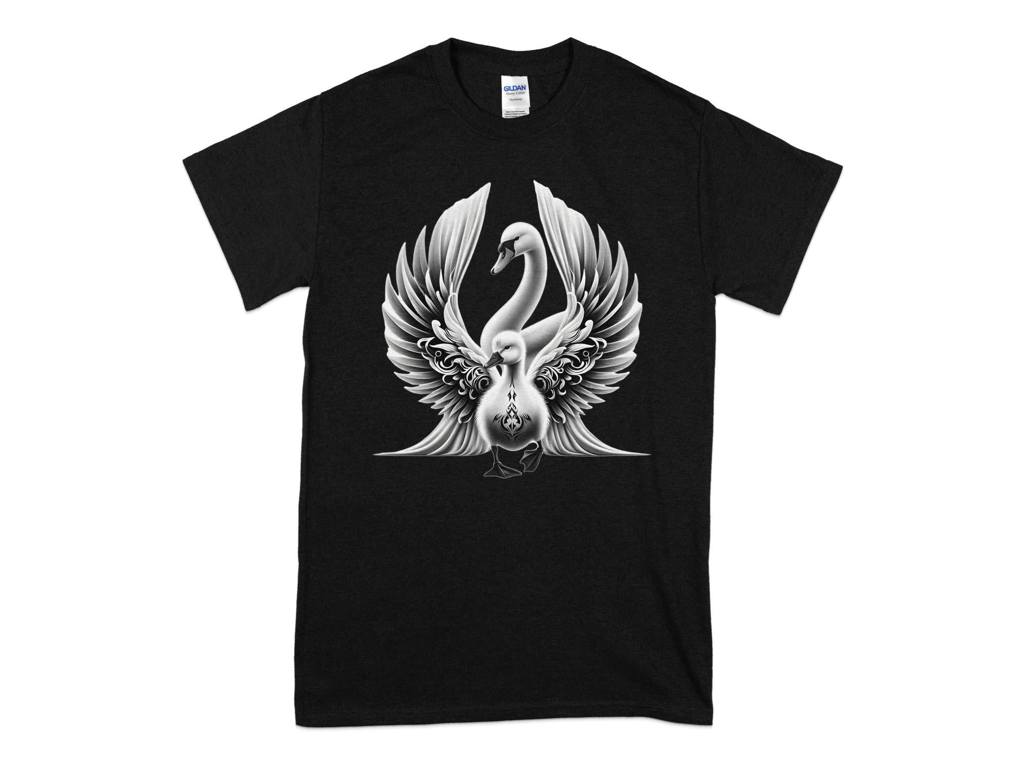 Swan & Cygnet- Black White Gildan T-Shirt Realistic Family Talisman Unisex Tee Graphic Design