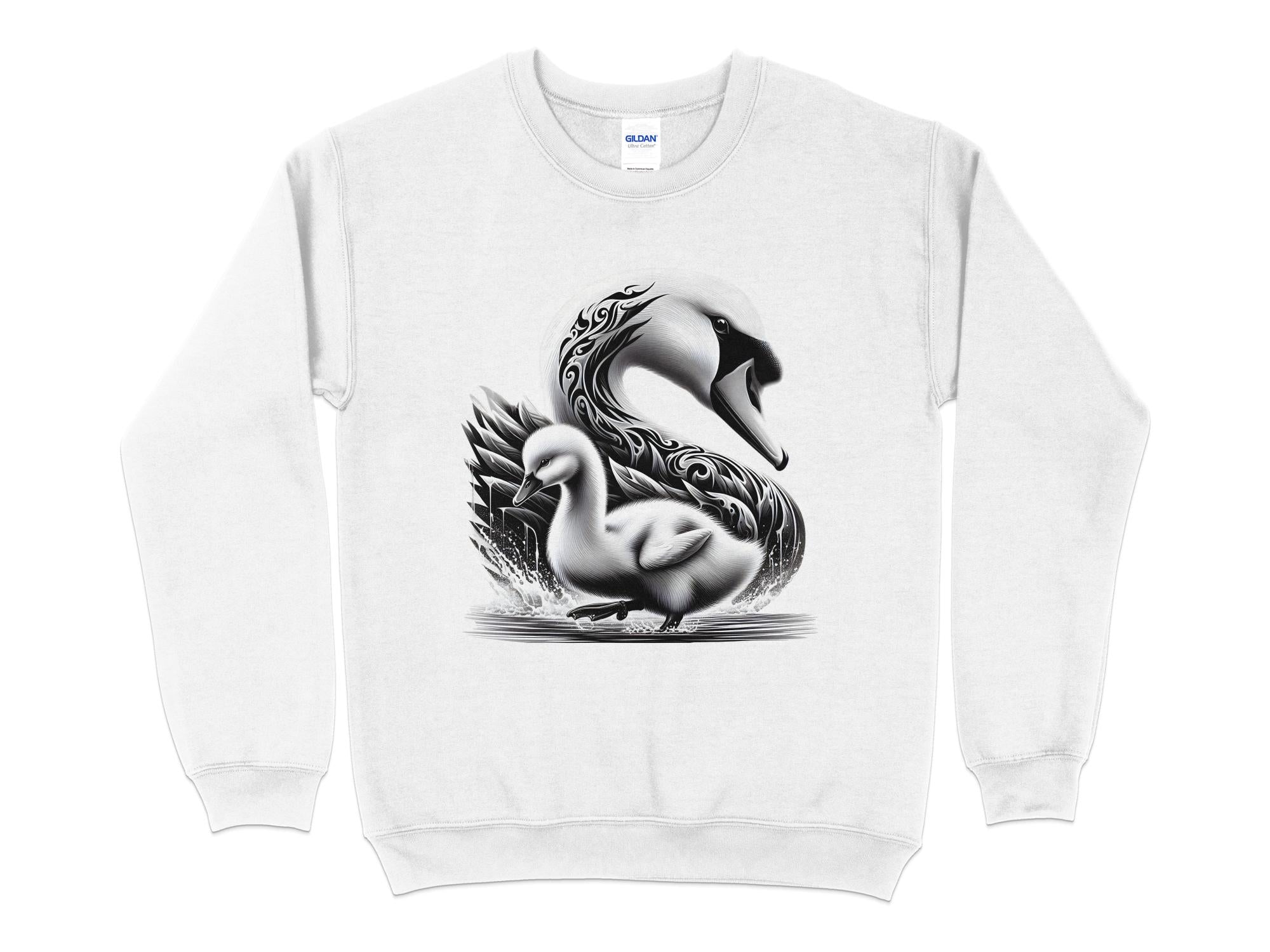 Swan & Cygnet- Black White Gildan Sweatshirt Realistic Family Talisman Unisex Tee Graphic Design