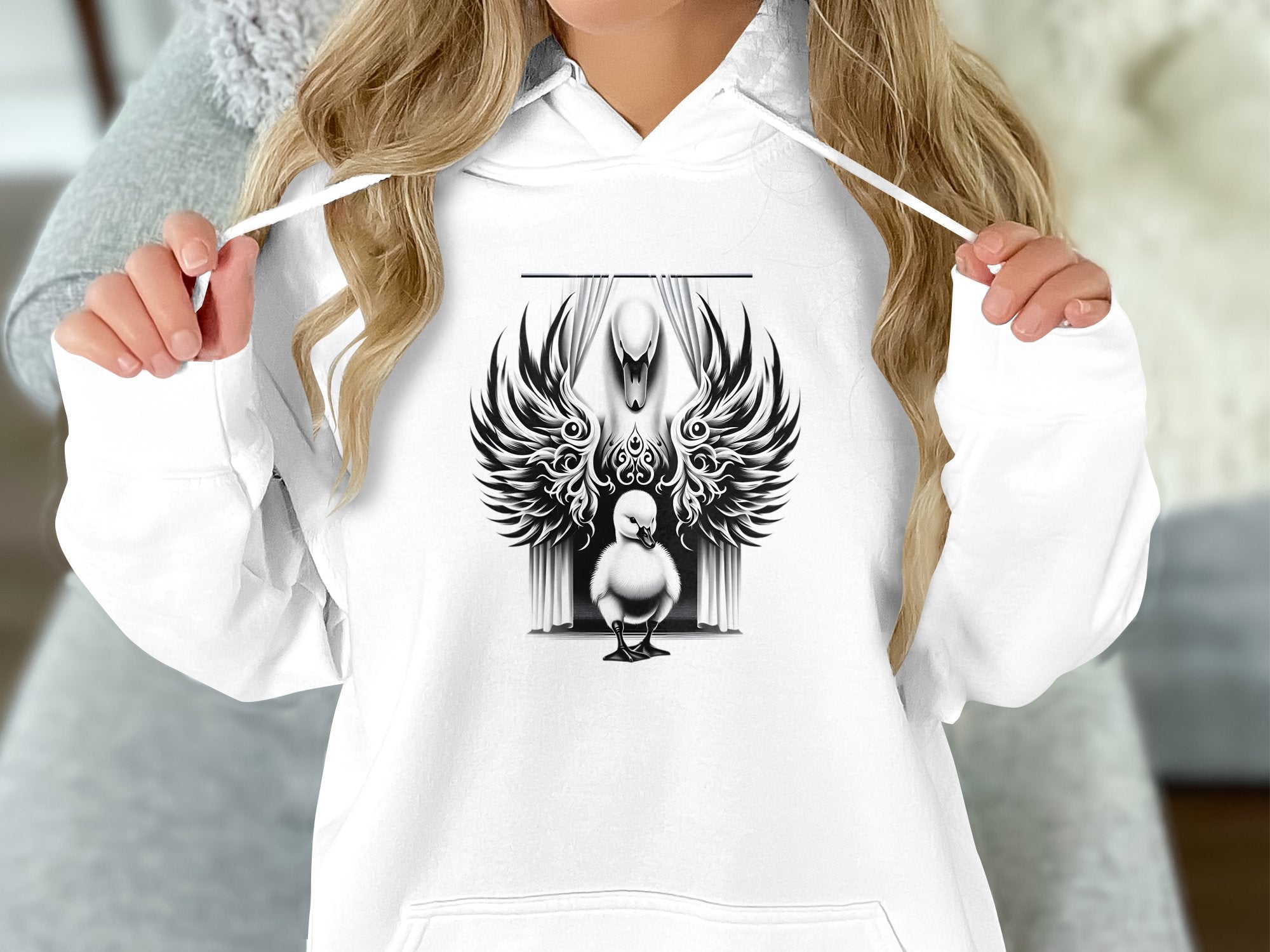 Swan & Cygnet- Black White Gildan Hoodie Realistic Family Talisman Unisex Tee Graphic Design