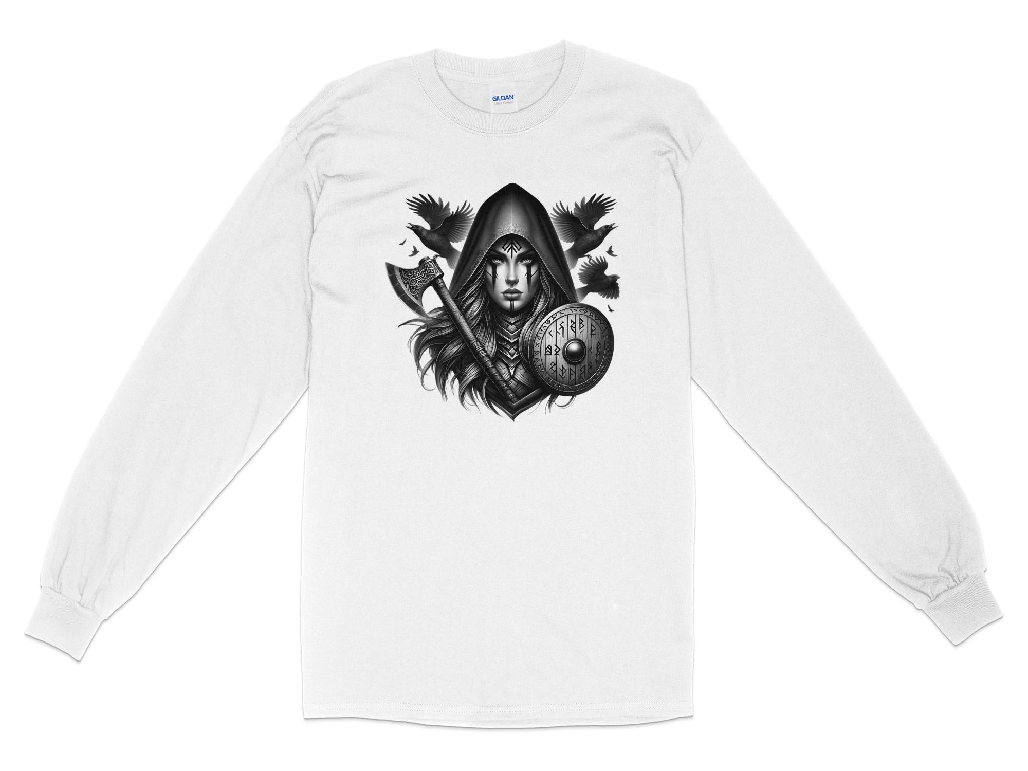 Viking Shield Maiden - Coloured Gildan Long Sleeve Realistic Norse Talisman Men Women Unisex Valhalla Tee Graphic Design