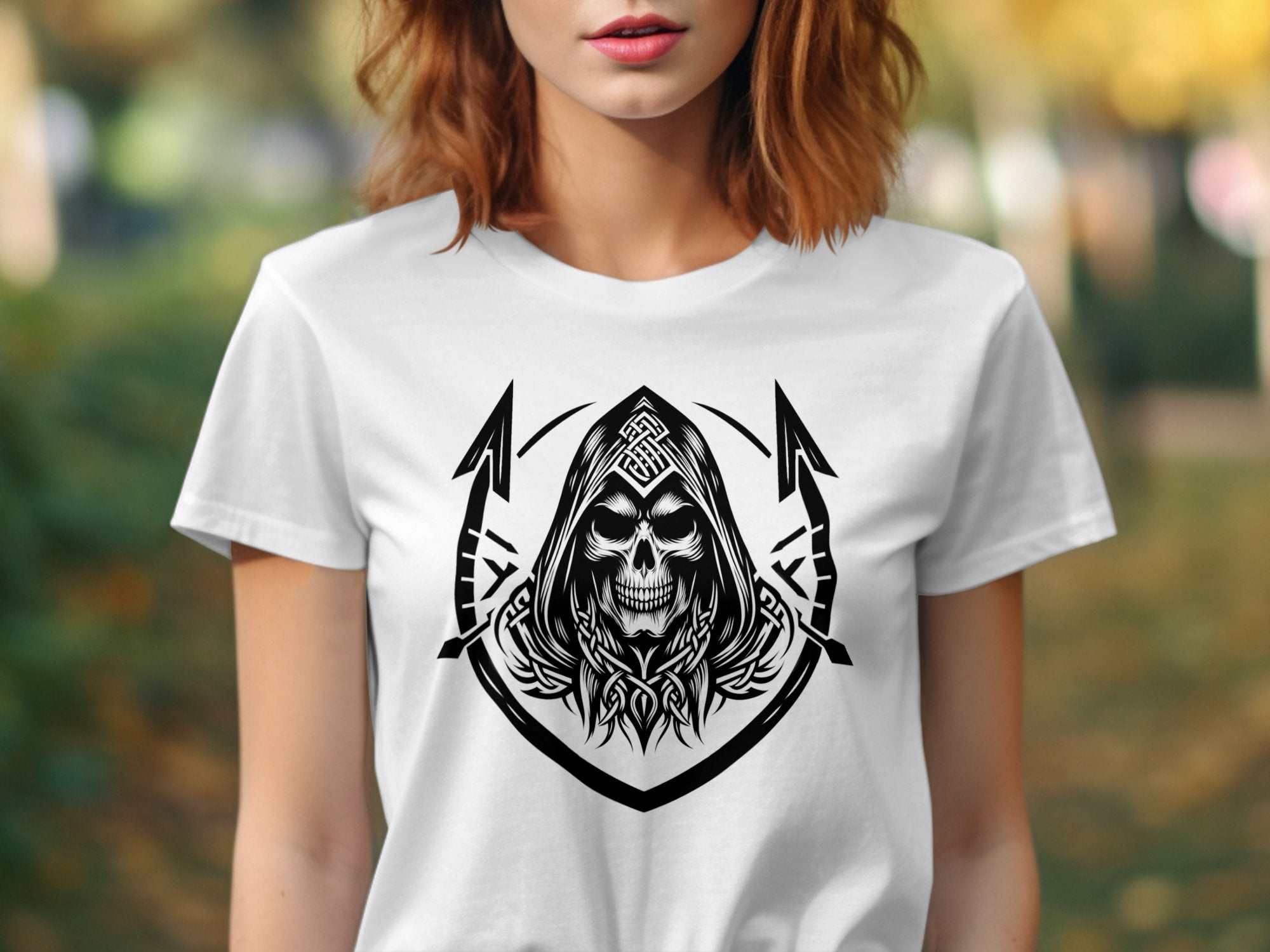 Grim Reaper - Black White Gildan T-Shirt Commemorative Talisman Unisex Tee Graphic Design