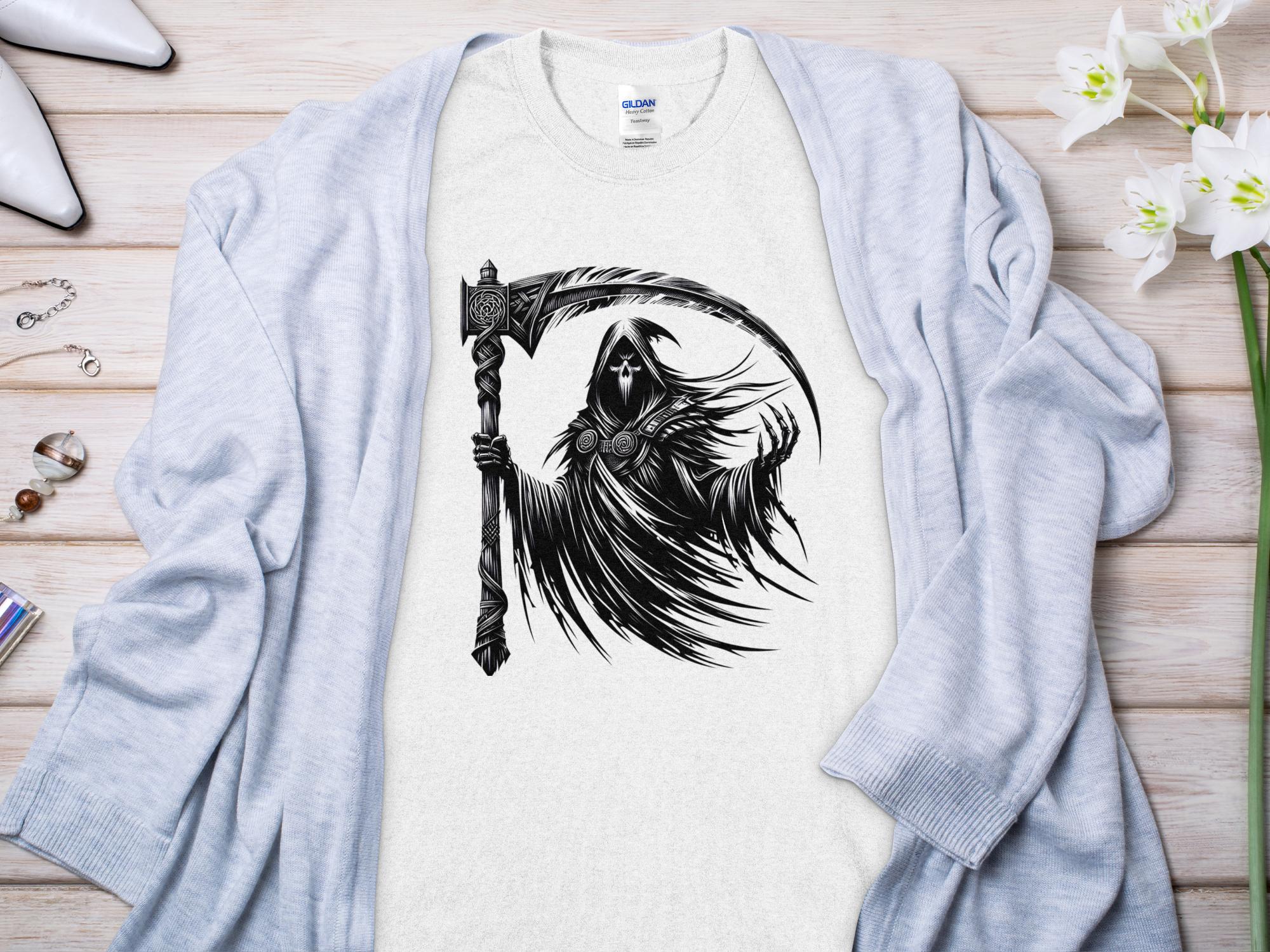 Grim Reaper - Black White Gildan T-Shirt Commemorative Talisman Unisex Tee Graphic Design