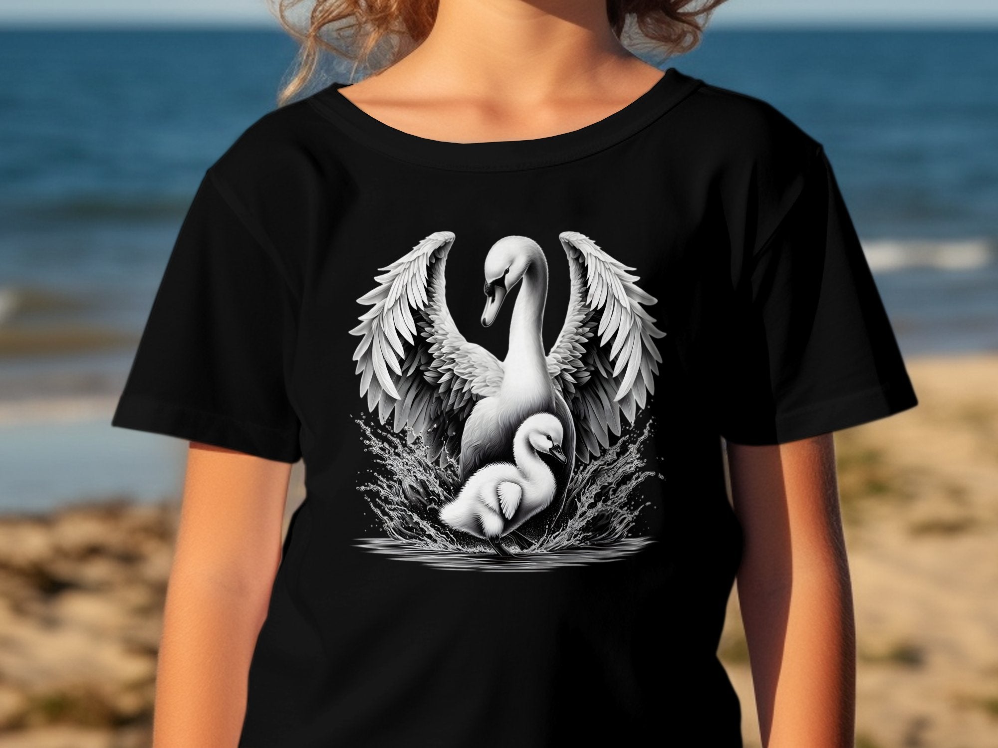 Swan & Cygnet- Black White Gildan Kids T-Shirt Realistic Family Talisman Unisex Tee Graphic Design