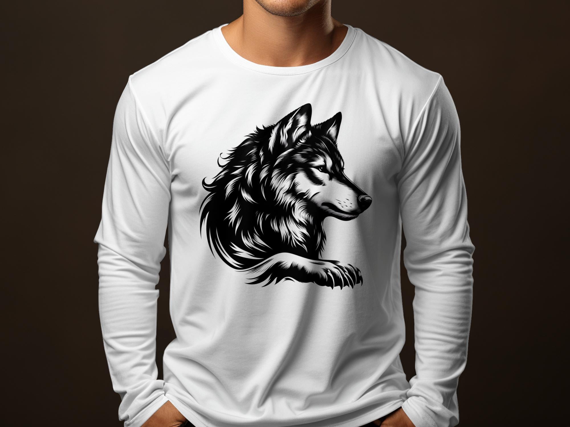 Wolf Tribal - Black White Gildan Long Sleeve Realistic Animal Talisman Unisex Tee Graphic Design