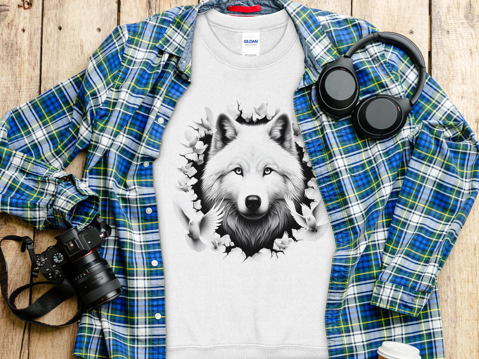 Wolf x Doves - Black White Gildan Sweatshirt Realistic Animal Talisman Unisex Tee Graphic Design