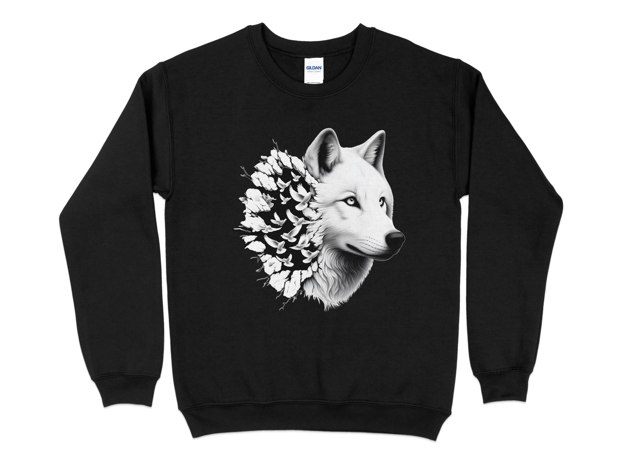 Wolf x Doves - Black White Gildan Sweatshirt Realistic Animal Talisman Unisex Tee Graphic Design