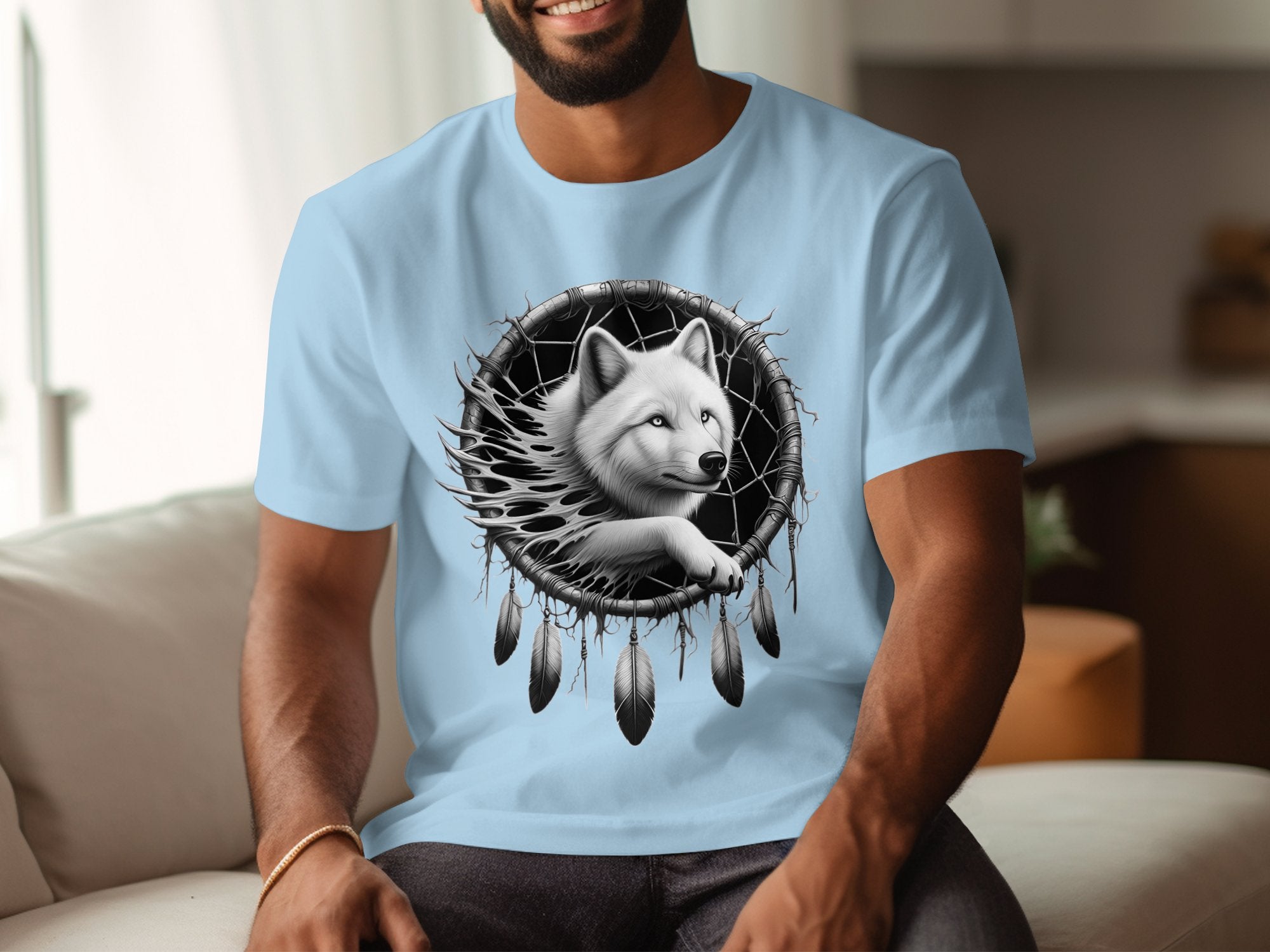 Dreamcatcher Wolf - Coloured Gildan T-Shirt Realistic Native American Talisman Unisex Mythology Tee Graphic Design