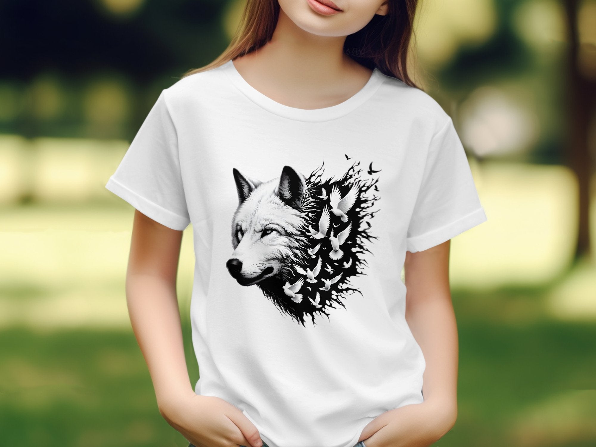 Wolf x Doves - Black White Gildan Kids T-Shirt Realistic Animal Talisman Unisex Tee Graphic Design