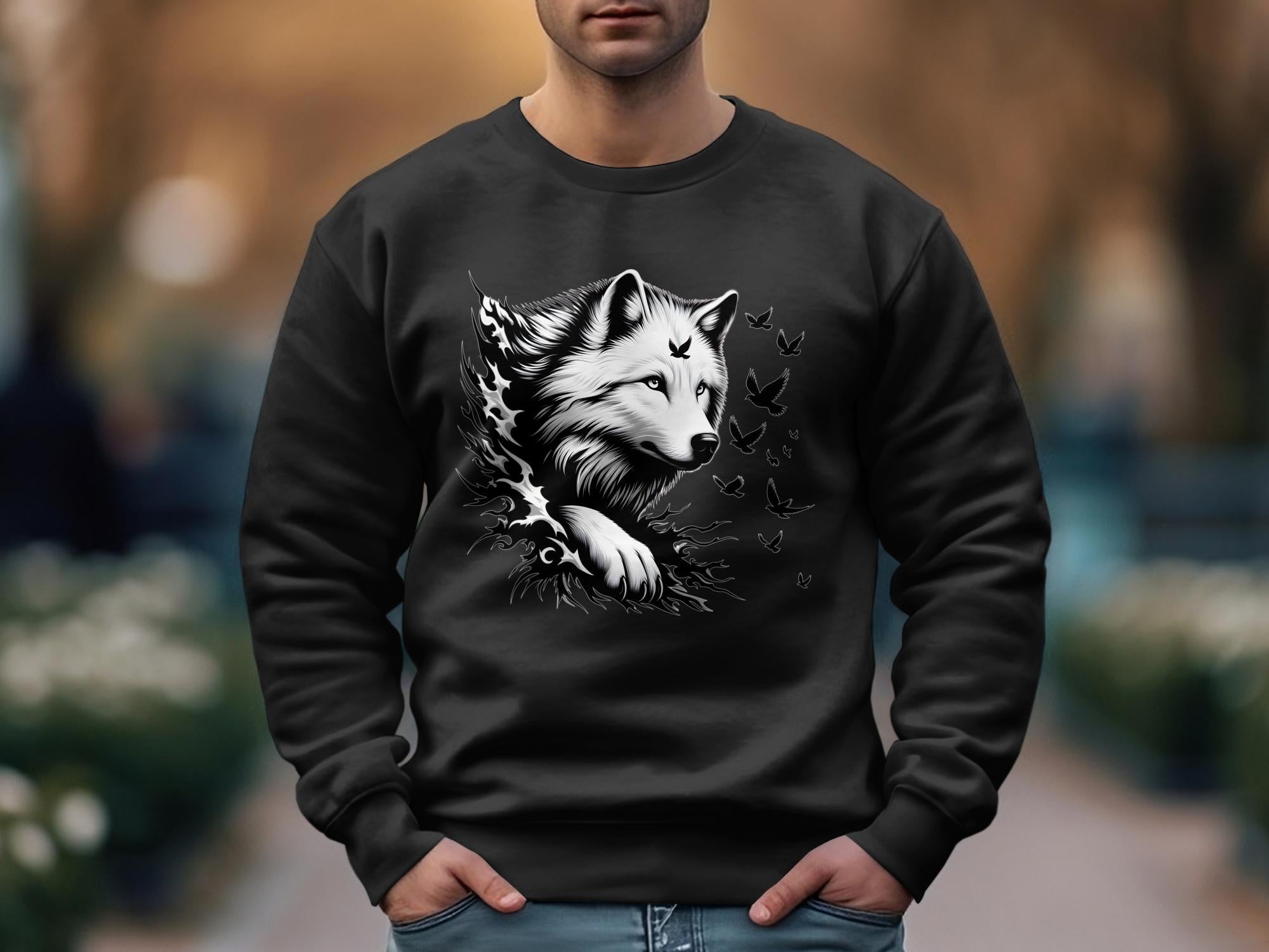 Wolf x Doves - Black White Gildan Sweatshirt Realistic Animal Talisman Unisex Tee Graphic Design