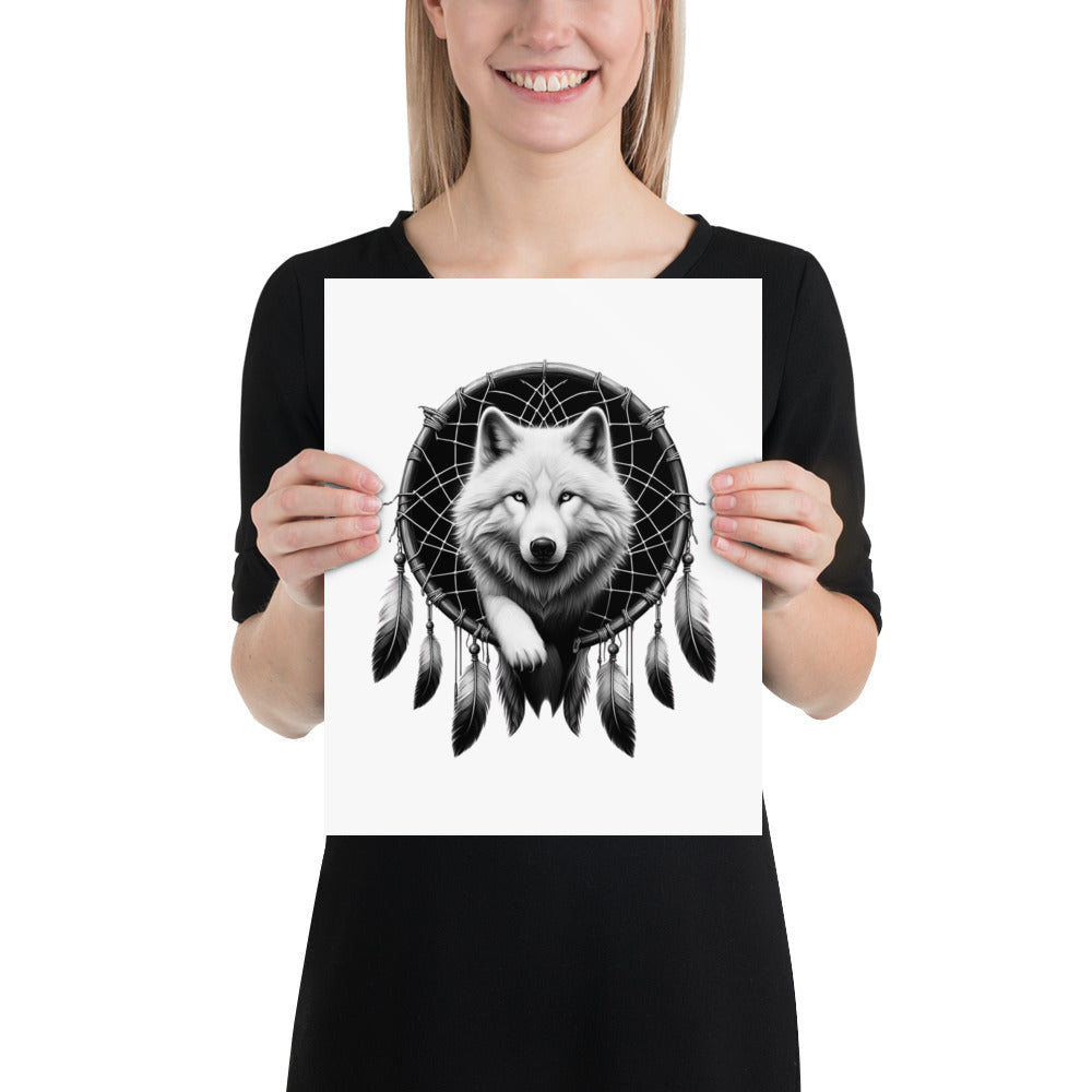 Dreamcatcher Wolf - Framed Poster Realistic Native American Talisman Mythology Graphic Design