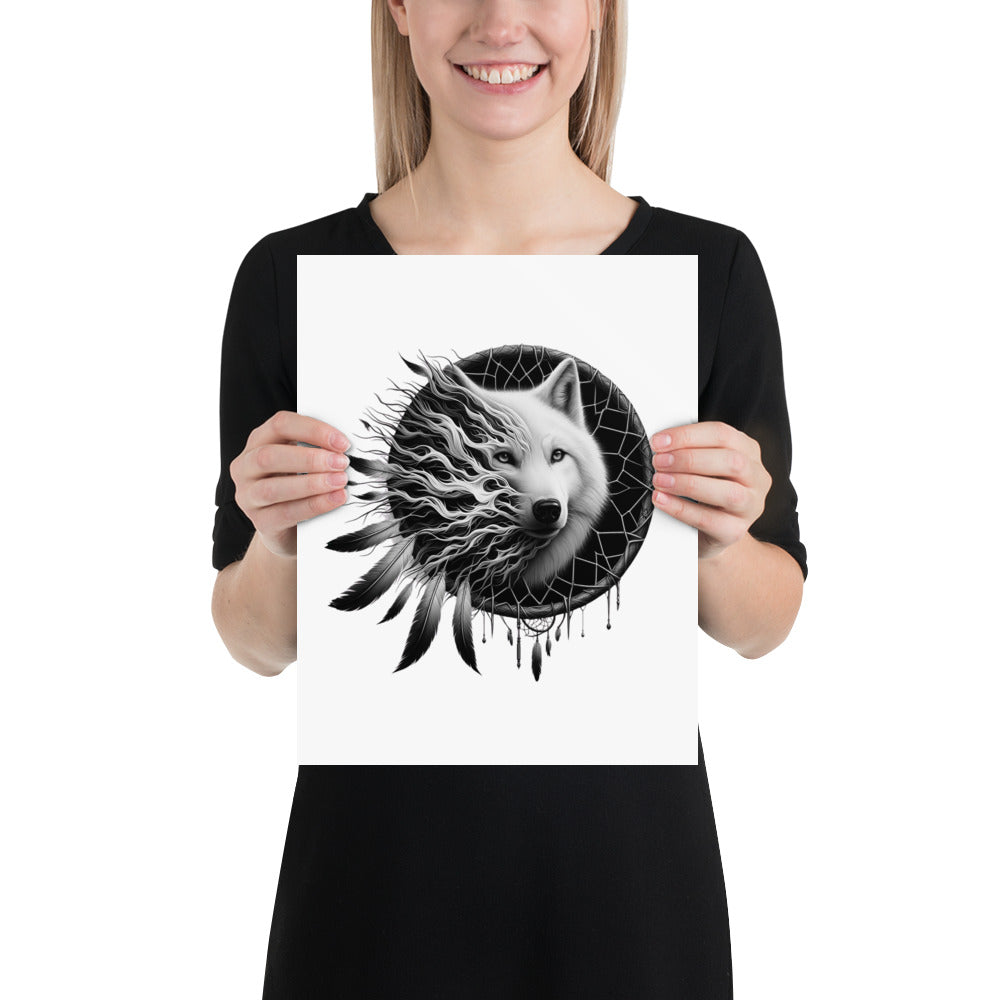 Dreamcatcher Wolf - Framed Poster Realistic Native American Talisman Mythology Graphic Design