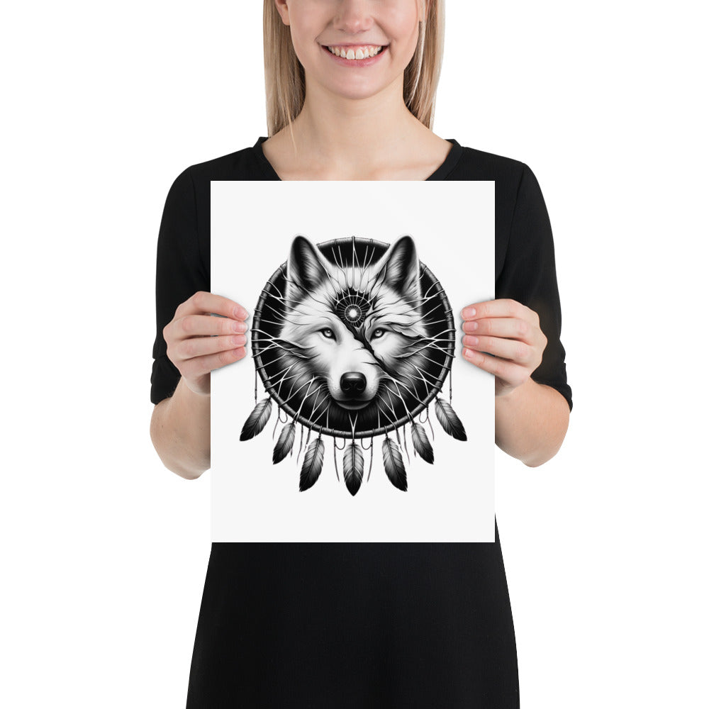 Dreamcatcher Wolf - Framed Poster Realistic Native American Talisman Mythology Graphic Design