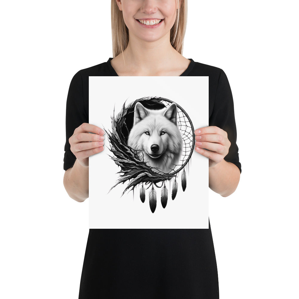 Dreamcatcher Wolf - Framed Poster Realistic Native American Talisman Mythology Graphic Design