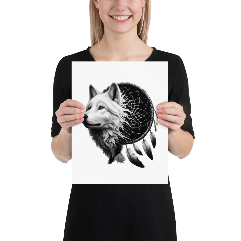 Dreamcatcher Wolf - Framed Poster Realistic Native American Talisman Mythology Graphic Design