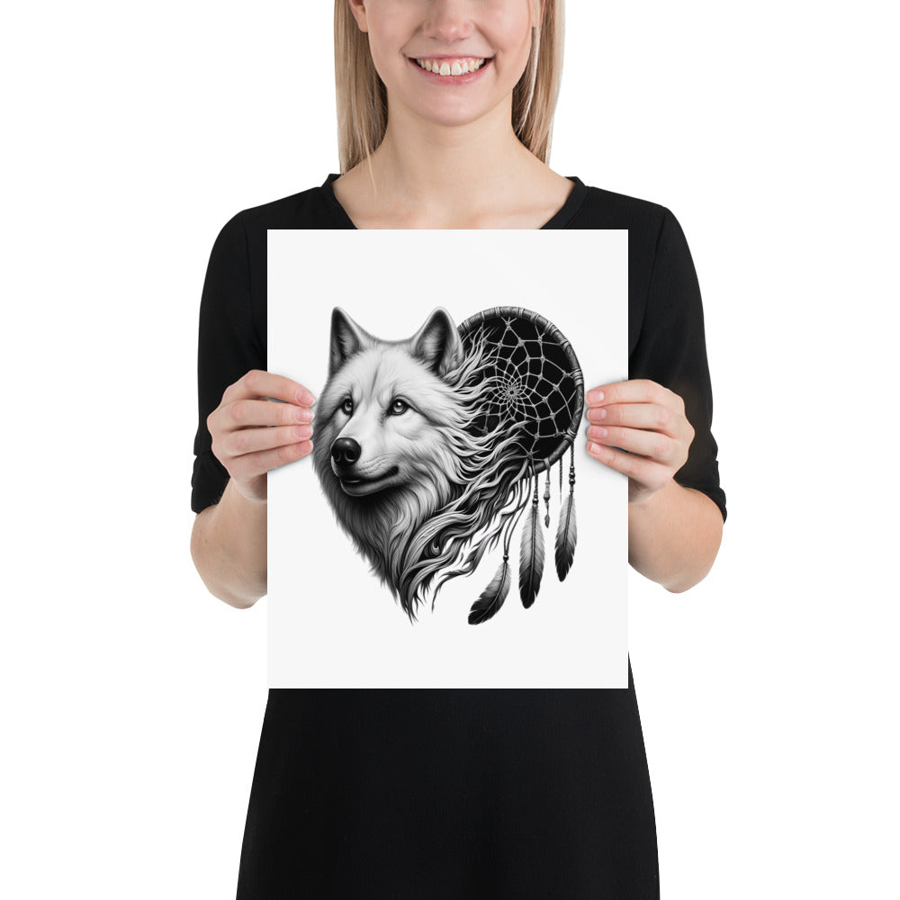 Dreamcatcher Wolf - Framed Poster Realistic Native American Talisman Mythology Graphic Design