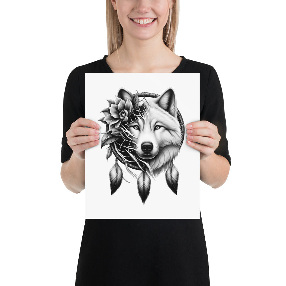 Dreamcatcher Wolf - Framed Poster Realistic Native American Talisman Mythology Graphic Design