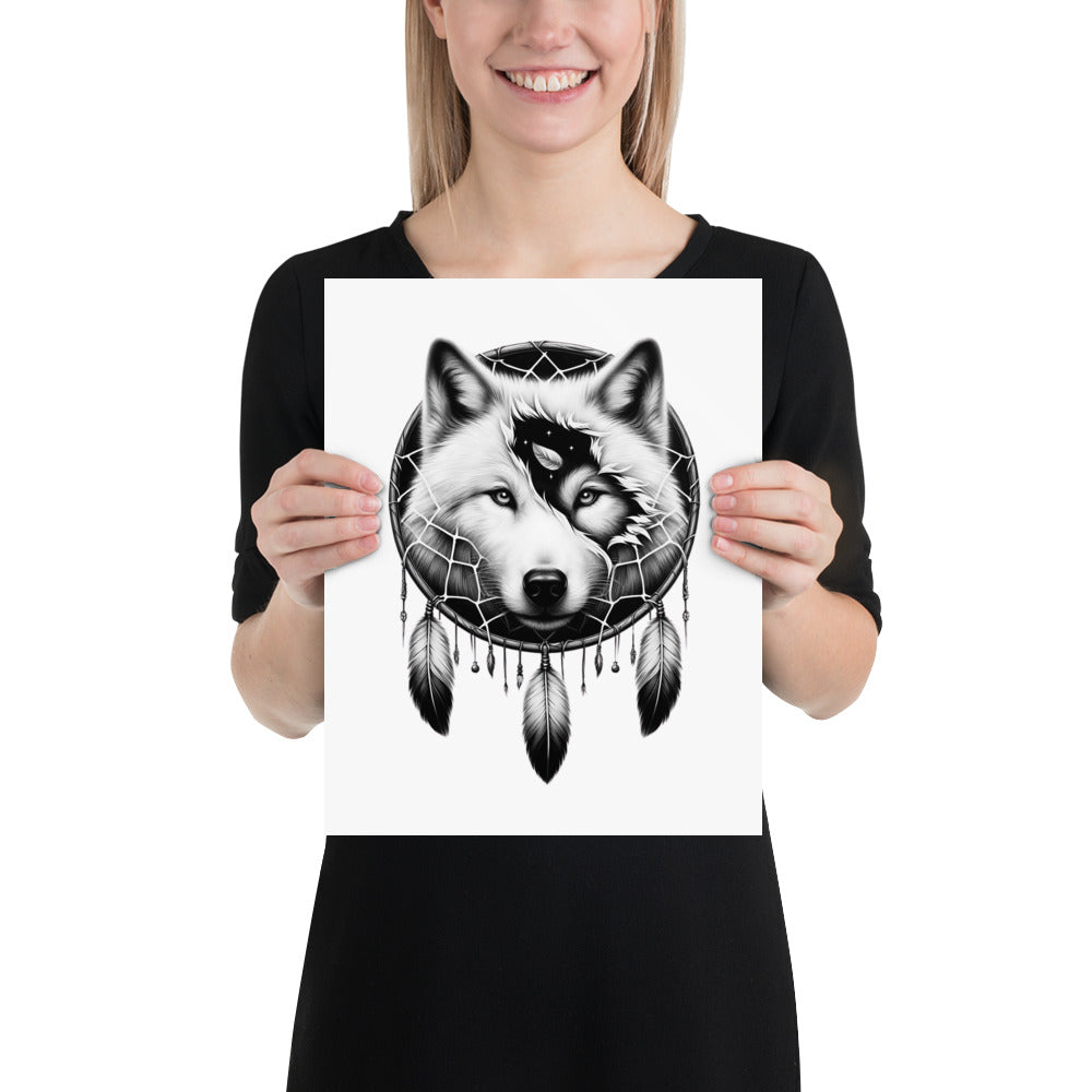 Dreamcatcher Wolf - Framed Poster Realistic Native American Talisman Mythology Graphic Design