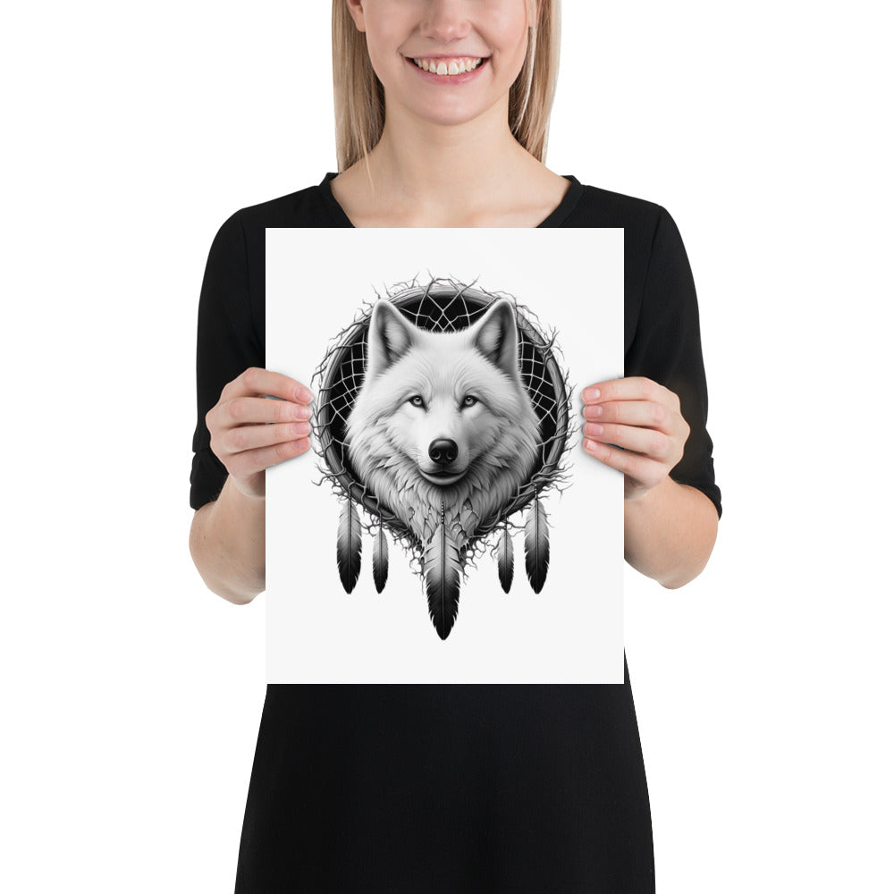 Dreamcatcher Wolf - Framed Poster Realistic Native American Talisman Mythology Graphic Design