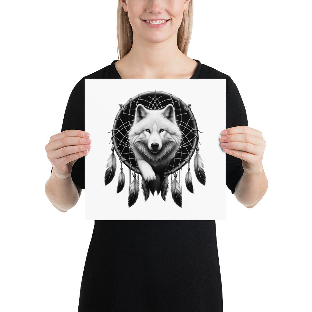 Dreamcatcher Wolf - Framed Poster Realistic Native American Talisman Mythology Graphic Design