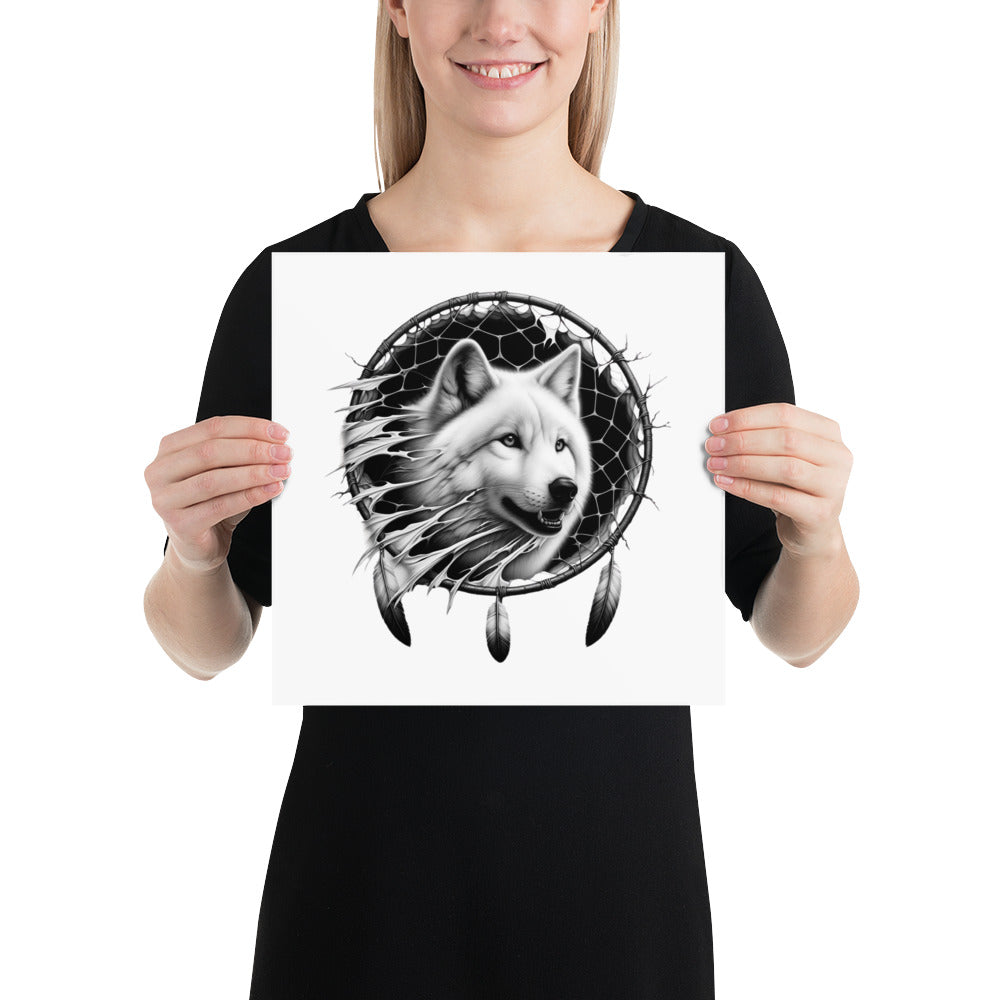 Dreamcatcher Wolf - Framed Poster Realistic Native American Talisman Mythology Graphic Design