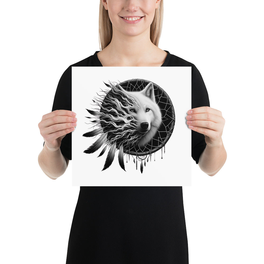 Dreamcatcher Wolf - Framed Poster Realistic Native American Talisman Mythology Graphic Design