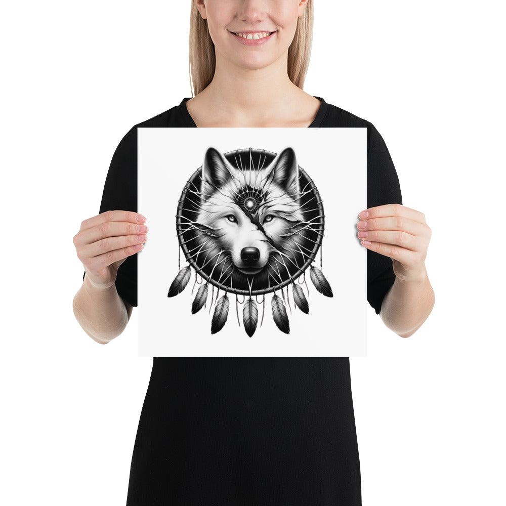 Dreamcatcher Wolf - Framed Poster Realistic Native American Talisman Mythology Graphic Design