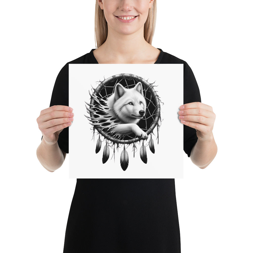 Dreamcatcher Wolf - Framed Poster Realistic Native American Talisman Mythology Graphic Design